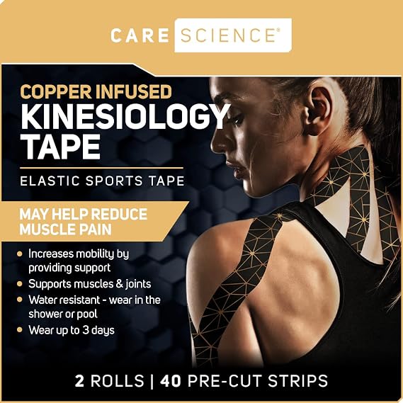 Care Science Waterproof Kinesiology Tape, 40 ct Precut Strips (2 Rolls), Copper Infused | Water Resistant Strips, Elastic Athletic Tape for Sports & Weightlifting, Muscle Strain Relief & Joint Support