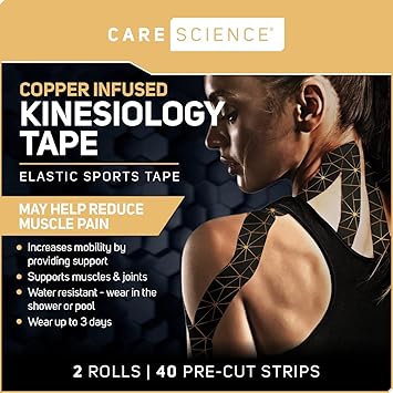 Care Science Waterproof Kinesiology Tape, 40 ct Precut Strips (2 Rolls), Copper Infused | Water Resistant Strips, Elastic Athletic Tape for Sports & Weightlifting, Muscle Strain Relief & Joint Support