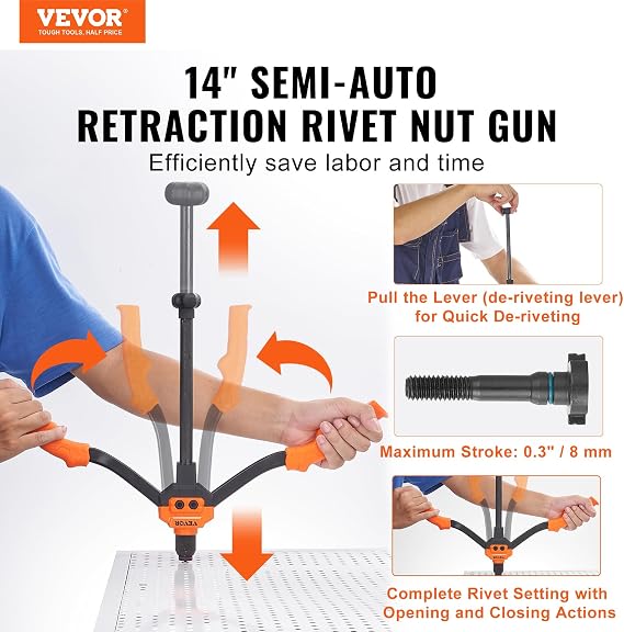 VEVOR Rivet Nut Tool, 14 in Rivnut Tool Kit with 7 PCS Metric and SAE Mandrels, 70 PCS Assorted Rivet Nuts, 10-24, 1/4-20, M6, 5/16-18, M8, 3/8-16, M10, with Rugged Carrying Case, for DIY, Repairs