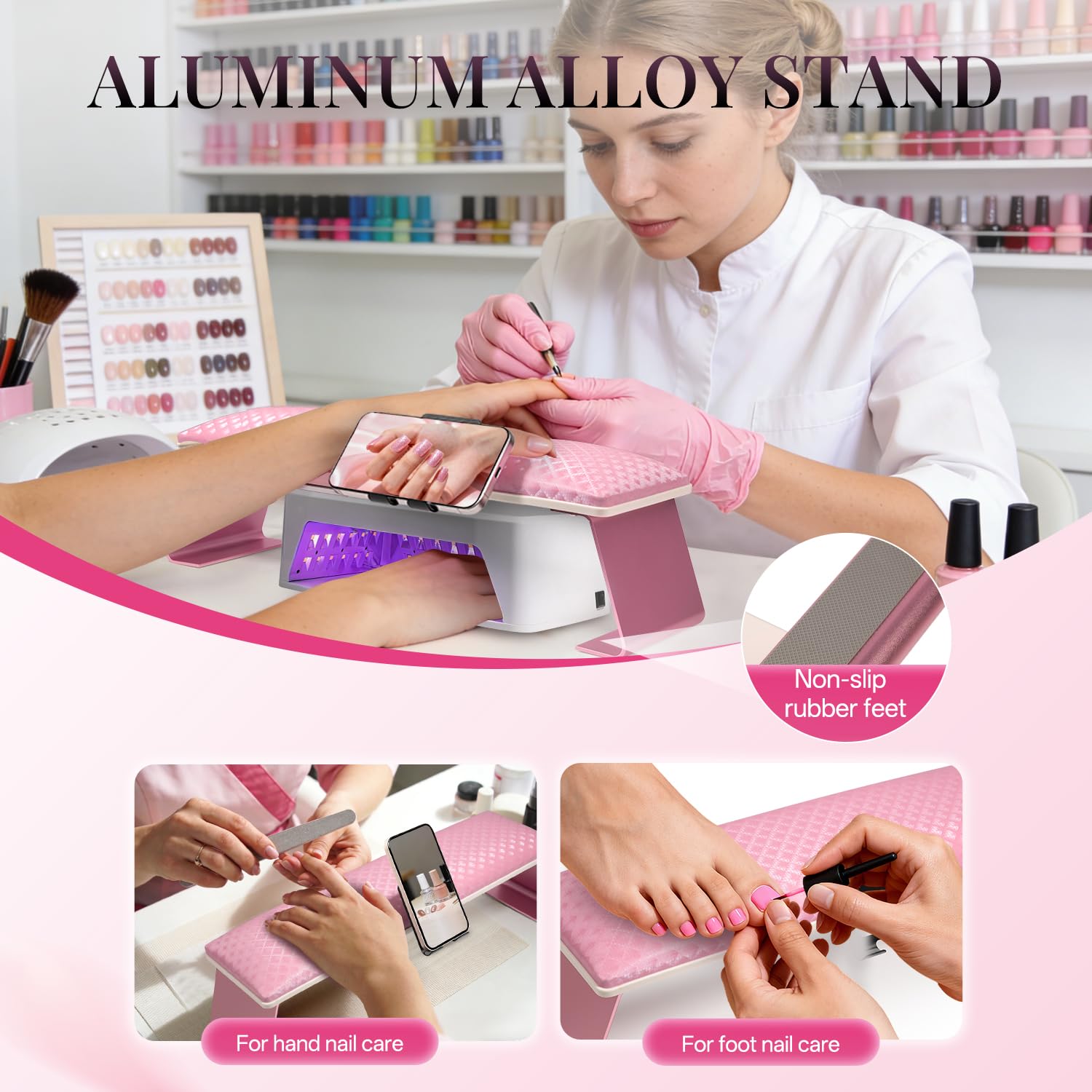 Krofaue Nail Arm Rest for Nails Tech, Ultra Stable Metal Frame with Phone Holder, Ergonomic Comfortable Premium Leather Nail Hand Rest, Large Size Fits Nail Lamp & Manicure Table, Non-Slip, Easy Clean