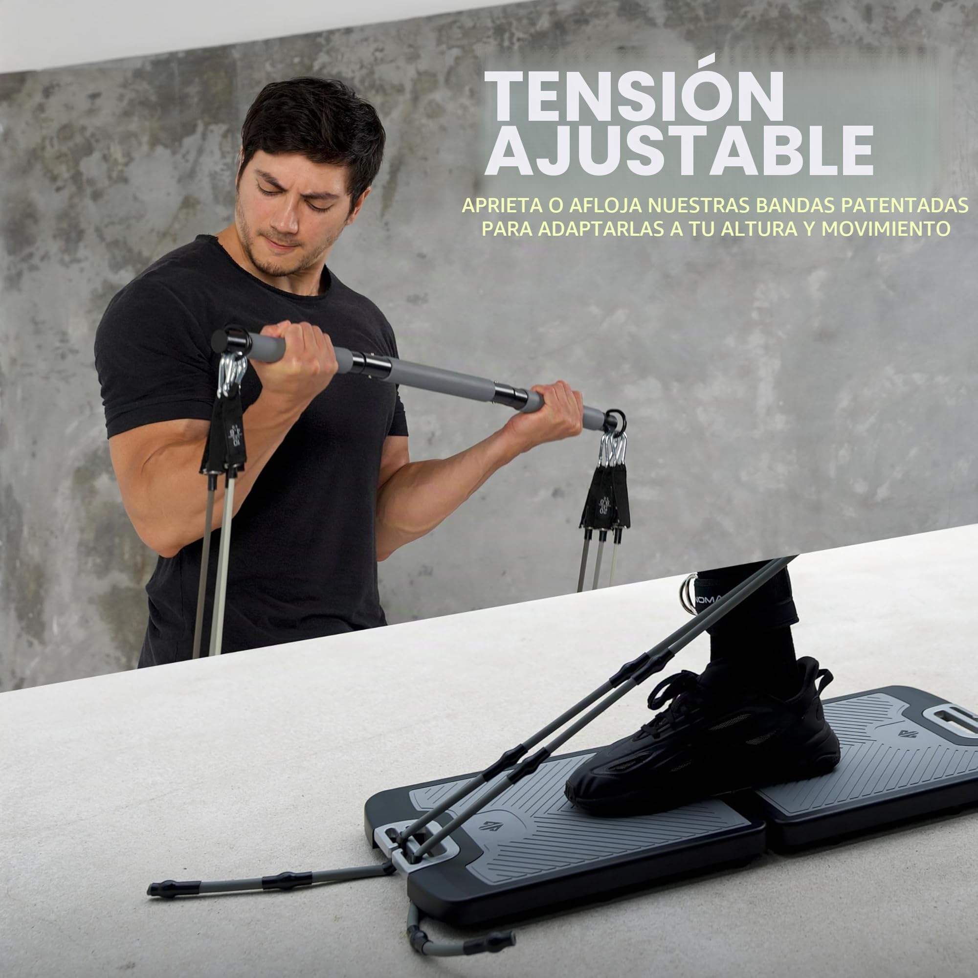 EVO Gym - Equipo portátil de entrenamiento de fuerza para gimnasio en casa, gimnasio en casa, todo en uno, bandas de resistencia, base sostiene barra de gimnasio y asas para viajes, equipo portátil de