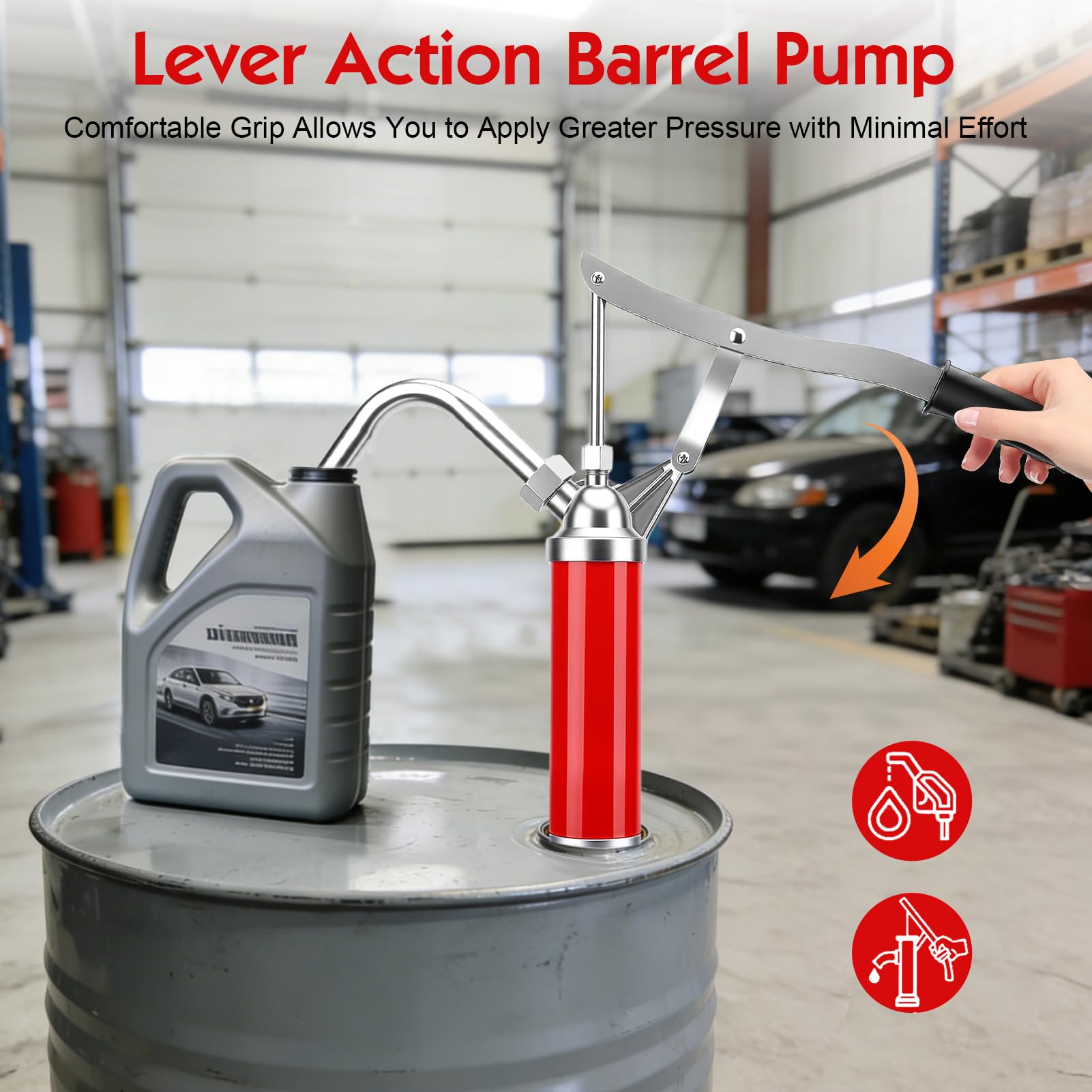 Pompe à Levier pour Fûts à Huile pour Tambour de 15 à 55 Gallons, Débit 28 L/Min, Rouge Pompe à Baril Manuelle avec Tube d'Huile Rétractable de 45 à 88 Cm pour l'Extraction de Huile Combustible