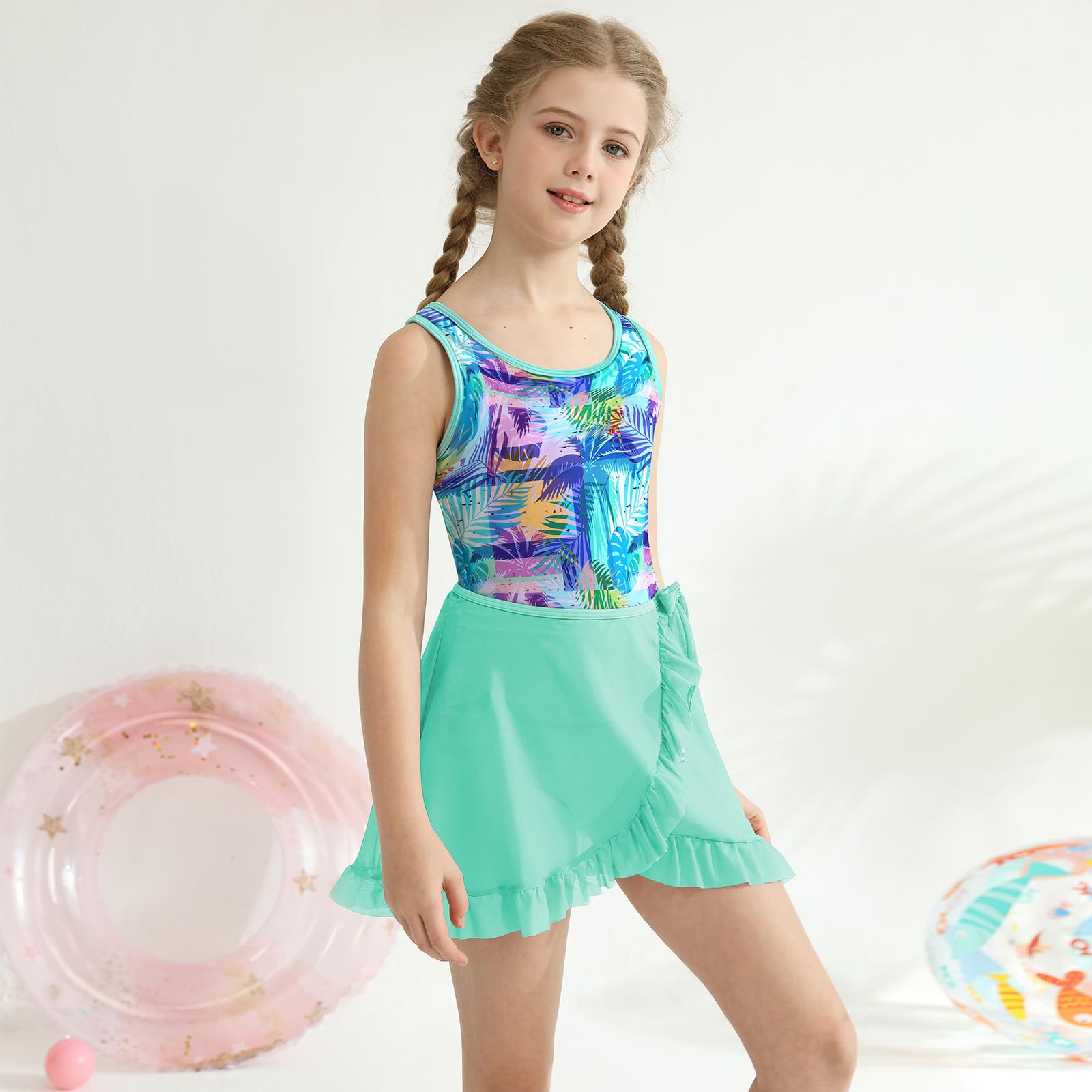 ESHOO Girls Tankini Sets Rash Guard Bathing Set 3 Piece Bikini Swimsuit with Cover Up Beach Skirt Tween Swimwear 7-14Y