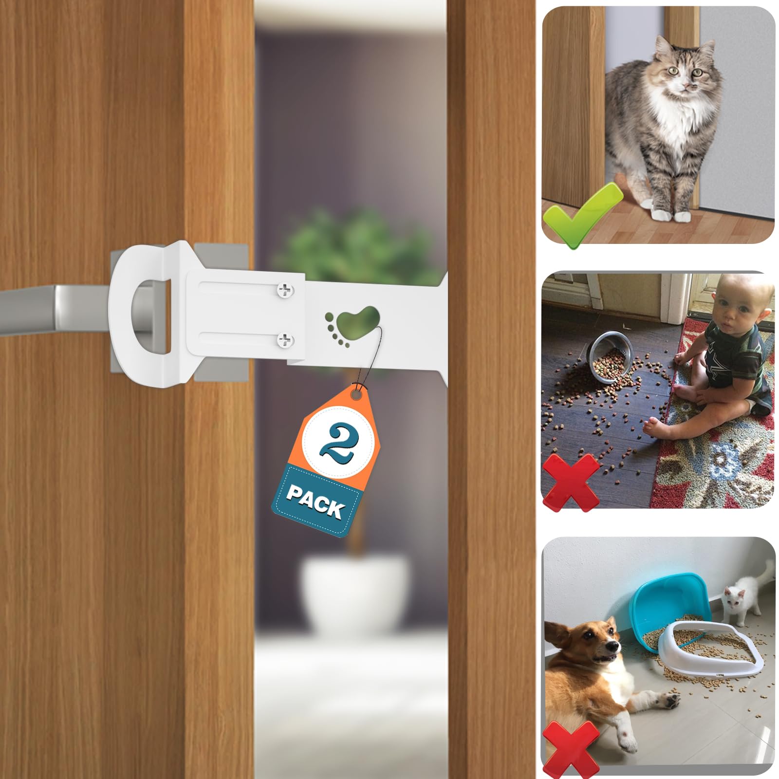Huaodor Cat Door Latch and Holder - Metal Adjustable Cat Door Stopper - Strong and Portable Door Prop - Keep Dog Out of Litter Box & Cat Feeder - No Measuring, Easy to Install (White, 2)
