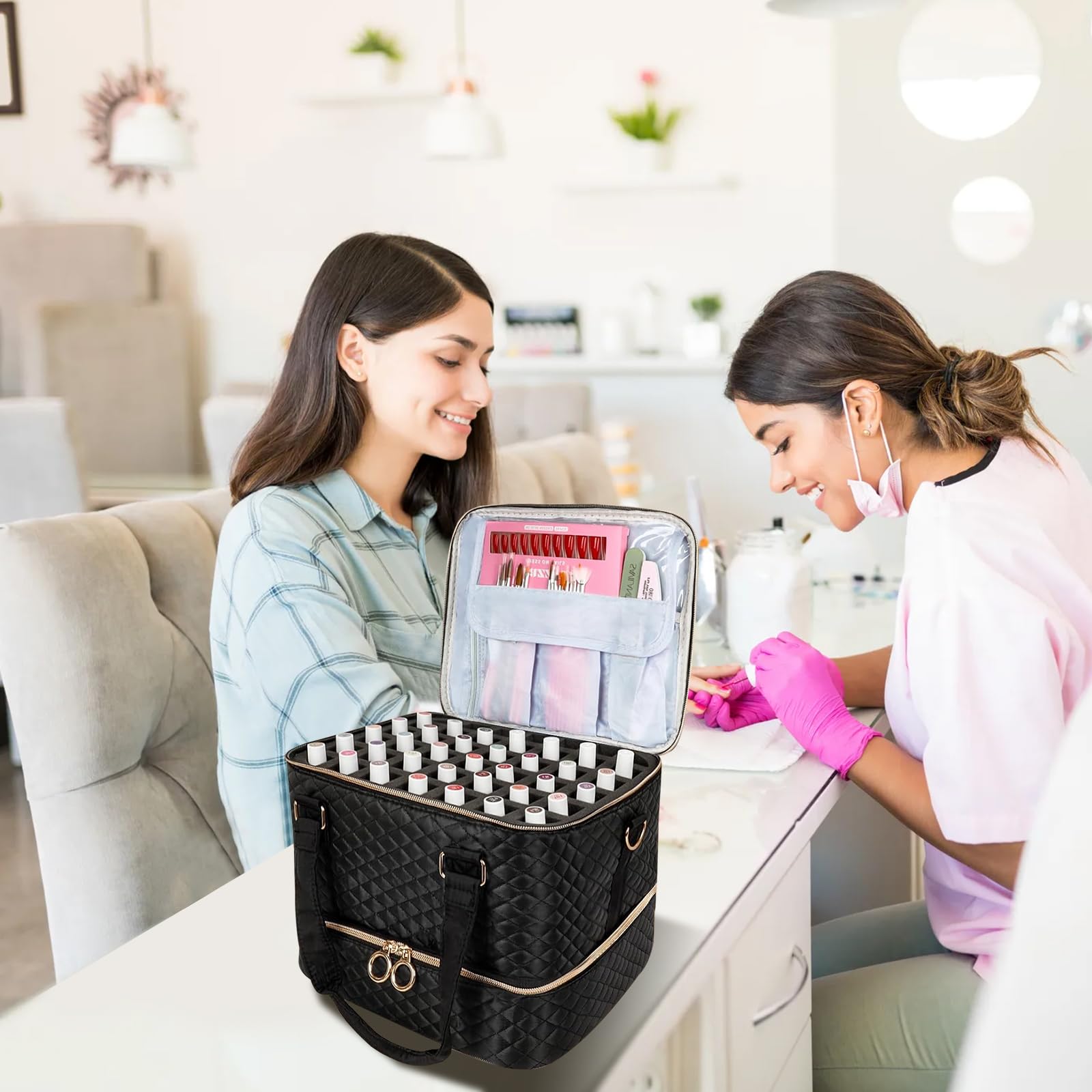 Organisateur pour Vernis à Ongles, 3 Étages, Sac de Rangement pour 84 Flacons, Lampe LED, Noir