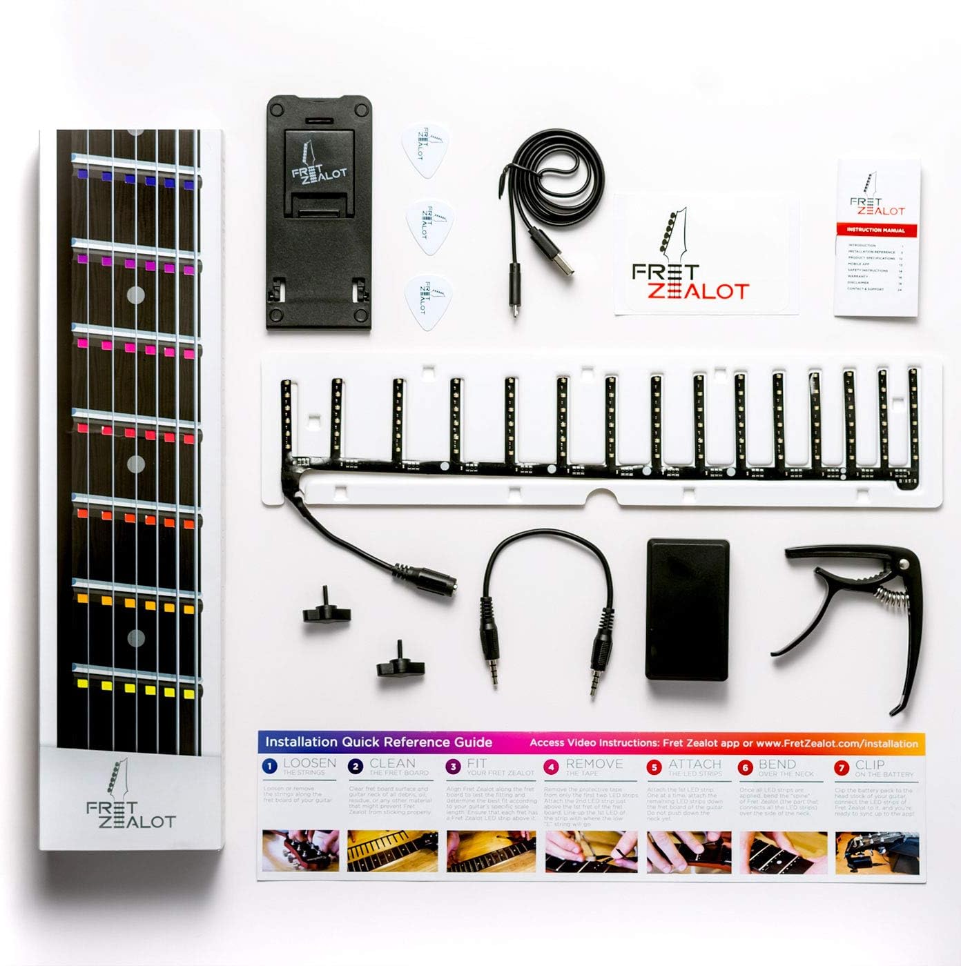 Fret Zealot, LED Guitar Learning Accessory, EASIEST and BEST Method to Learn To Play a Guitar for All Levels, Best Fit for 24.75" Scale Length Guitars, IOS & Android App included