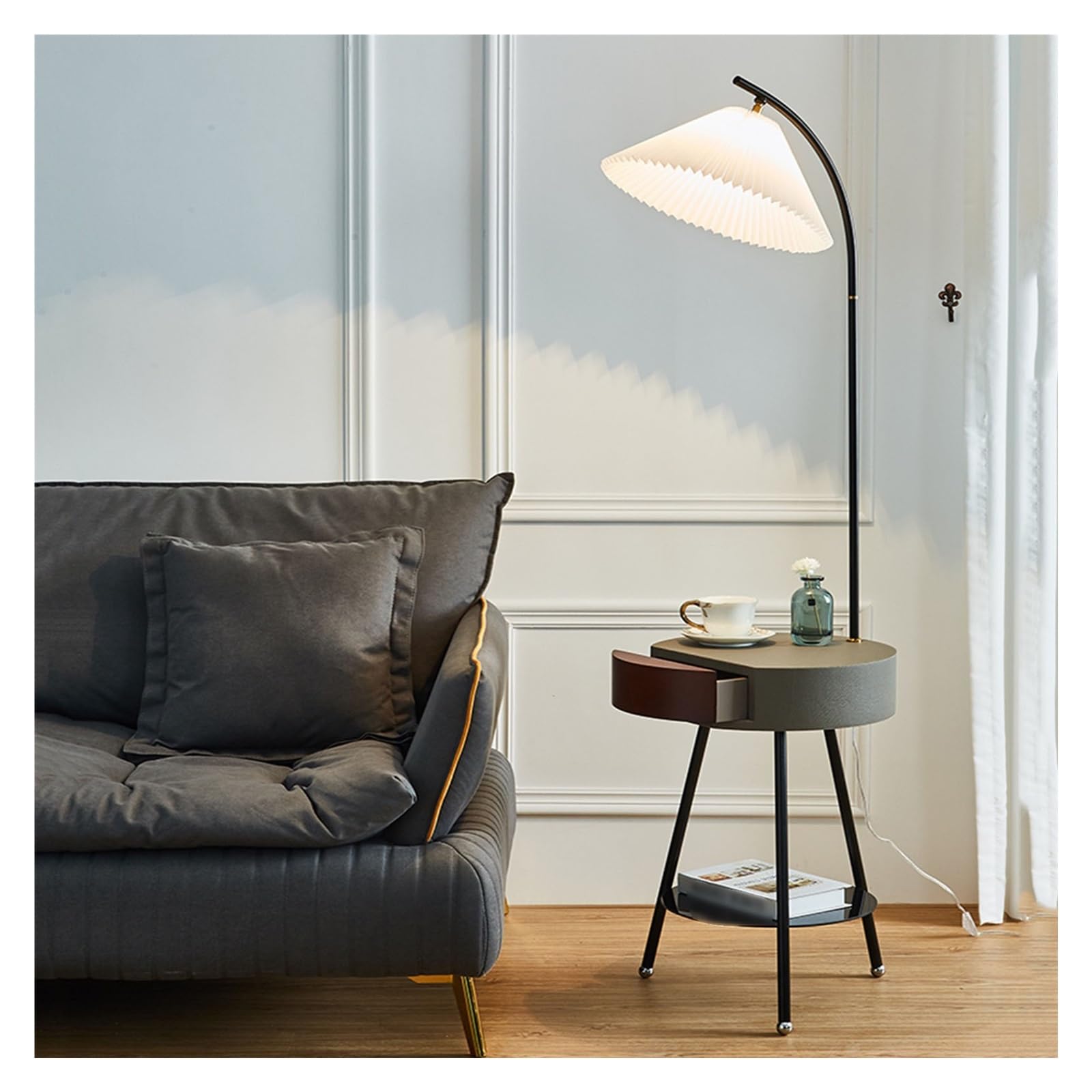 LJHFG63KUYT Standing Lamps Floor Lamp with Table, End with Charging Station USB Ports, Nightstand with Drawer for Living Room, Bedroom, Apartment Decorate(Gris)