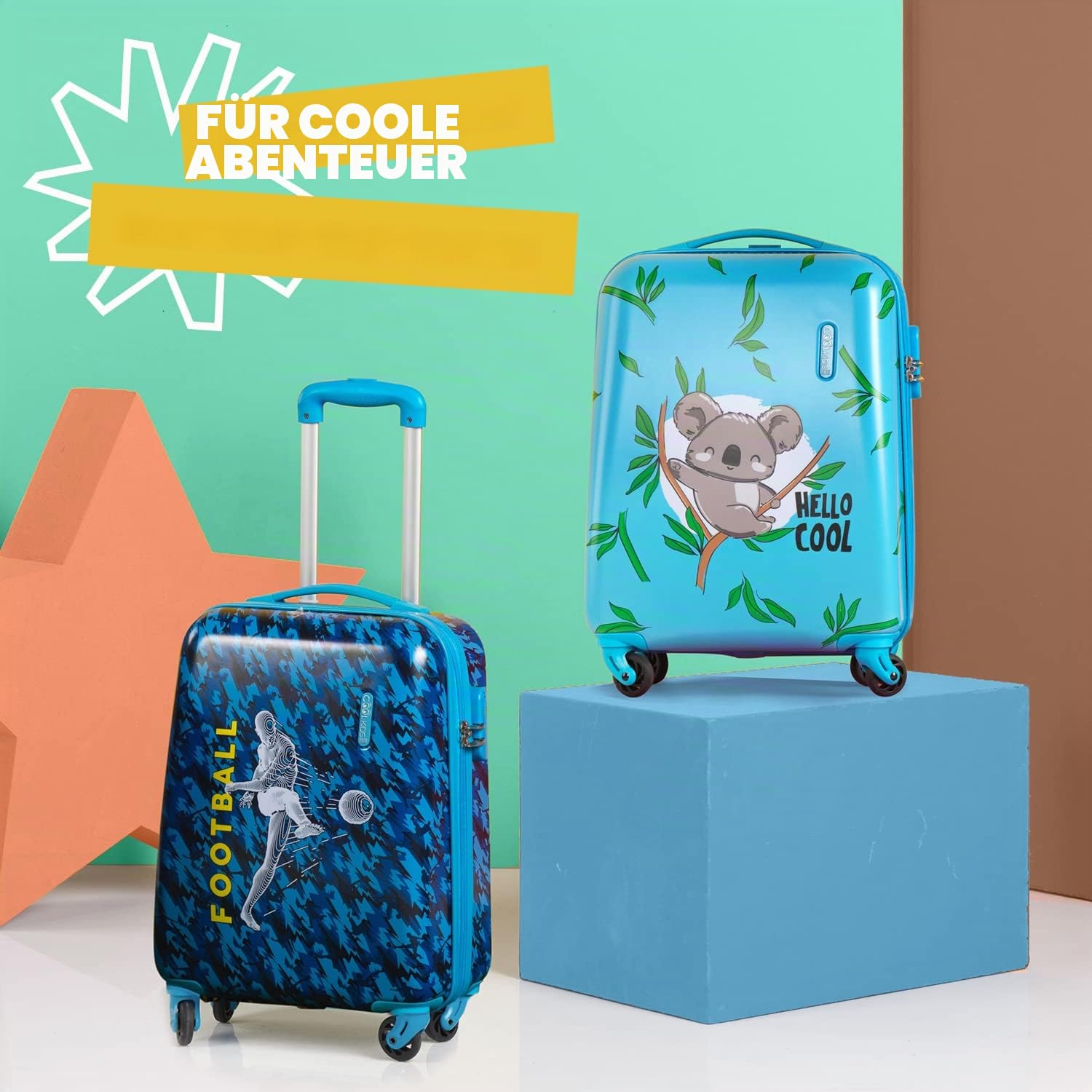PERLETTI Blauer Kinderkoffer Fußballer - Kinder Trolley Handgepäck Leicht 4 Rollen und Zahlenschloss - Hartschalen Cabin Bag Kabinentrolley Junge - Koffer Lufthansa Ryanair 51x35x20 cm (Fußball, XS)