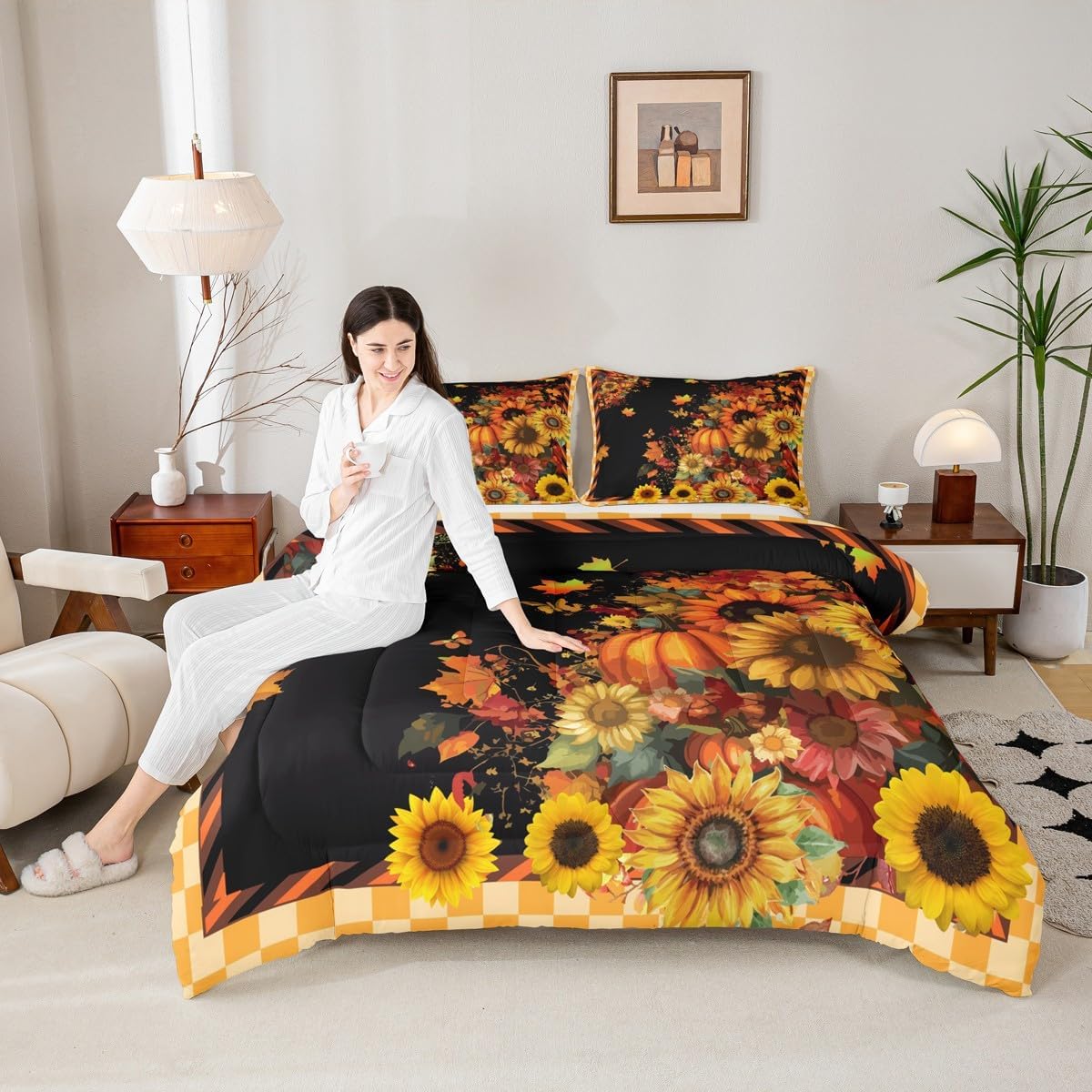 Feelyou Pumpkin Bedding Set Fall Sunflowers Butterfly Comforter Set Boys Girls Geometric Plaid Decor Comforter Microfiber Vintage Maple Leaves Duvet Set Bedroom Quilt Set Queen Size