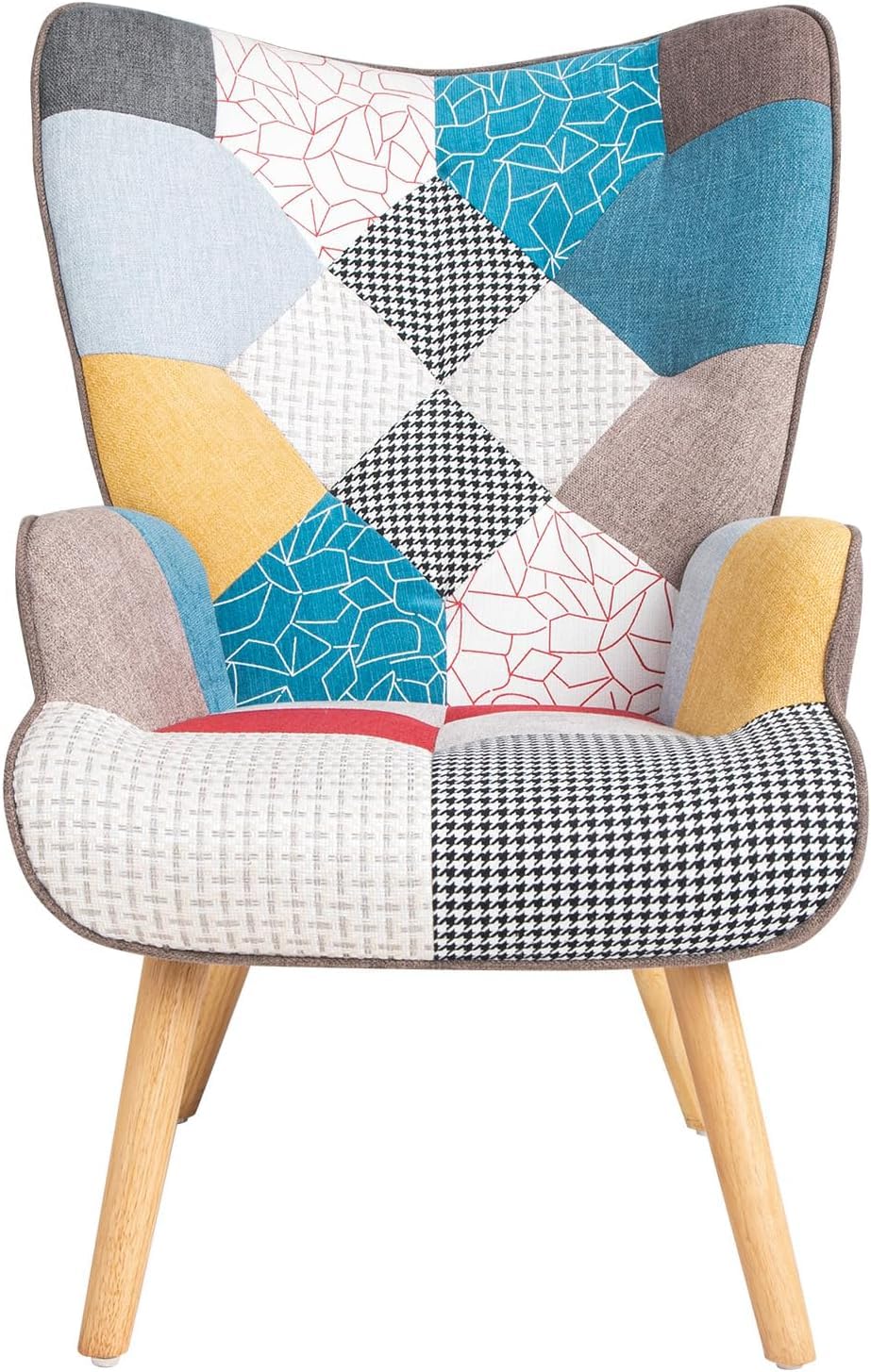 Poltroncina Relax Patchwork Quebec - Poltrona Imbottita con Schienale Alto, Gambe in Legno di Faggio, Design Moderno per Soggiorno, Camera, Ufficio - 69x75x95 cm