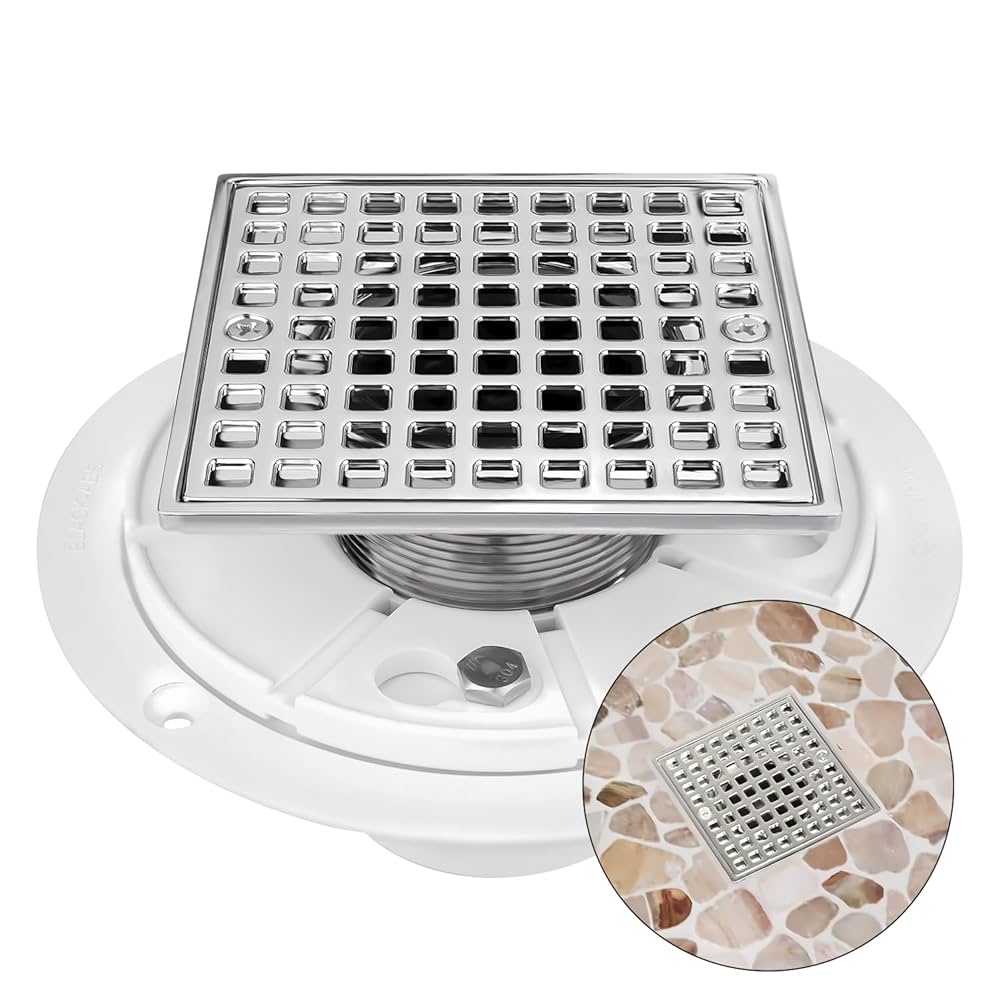 TAKEれんこん Uni-Green Chrome 4 Inch Square Shower Drain with PVC Flange