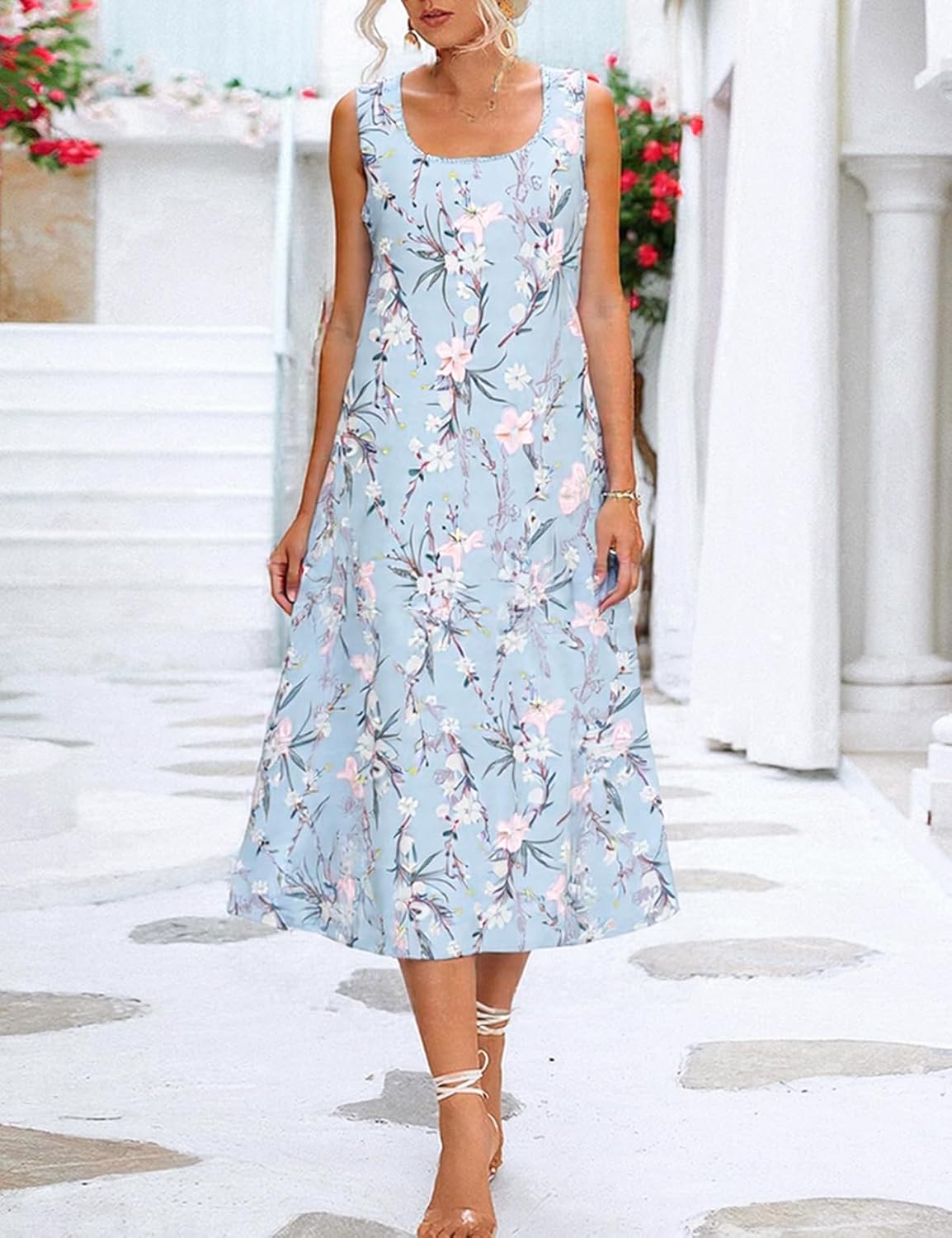 XNC Womens 2 Piece Set Fashion Fresh Plant Print Midi Dress V-Neck Half Sleeve with Jacket A-line Dresses Lounge Outfits - Image 5