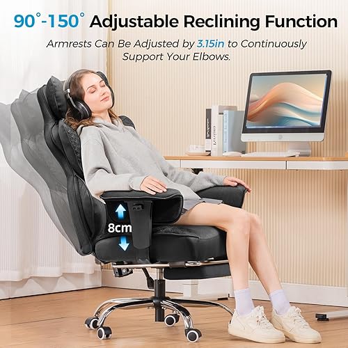 Miniatura 7 de COMHOMA Silla de oficina grande y alta de 400 libras de ancho, tela ergonómica de lujo, diseño en relieve, silla de juegos con reposapiés,