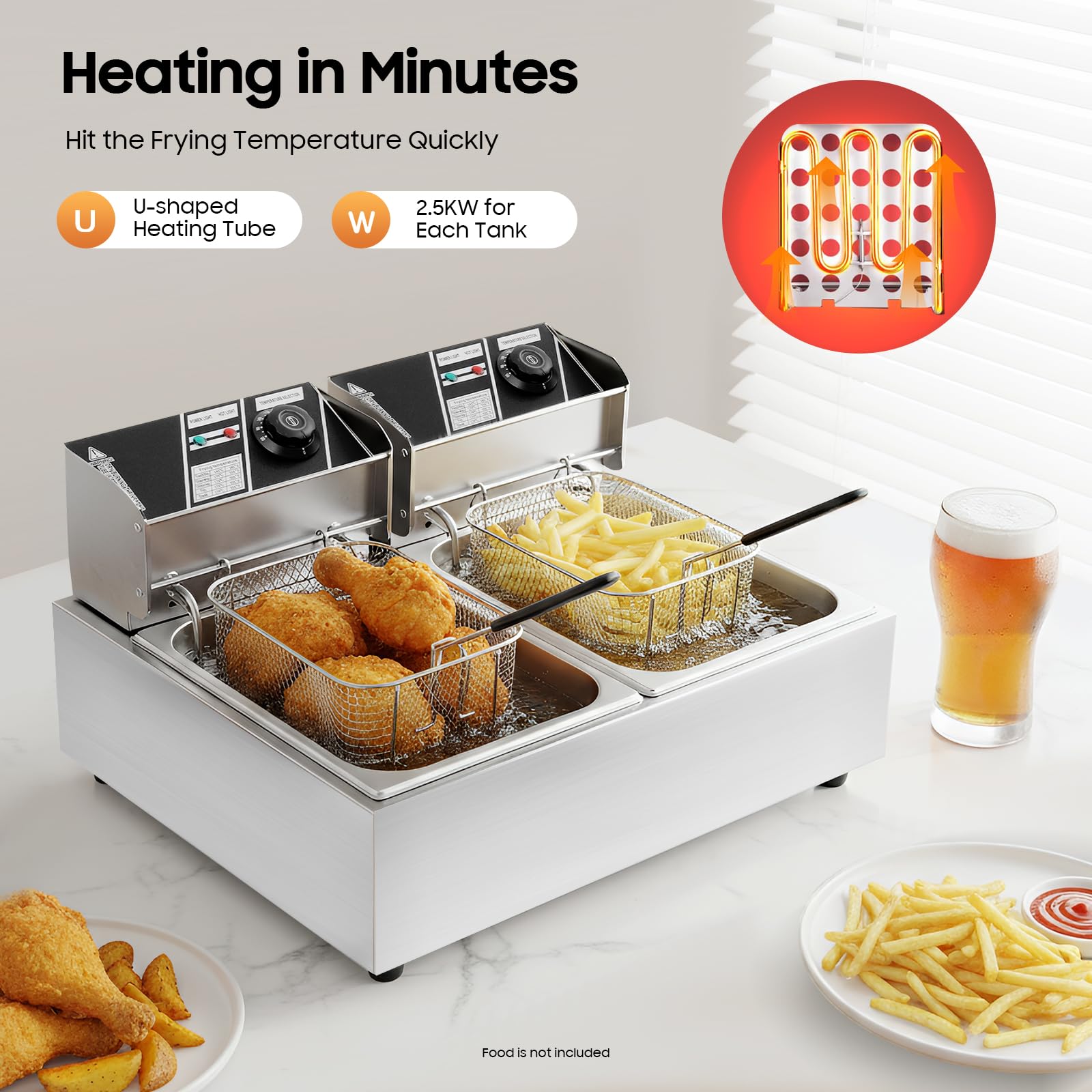 Frytkownica z podwójnym garnkiem, 12 l, 2,5 kW, frytkownica ze stali nierdzewnej, handlowa frytkownica z tłuszczem, pogrubiona frytkownica na olej do restauracji i gospodarstwa domowego, 60-200°C