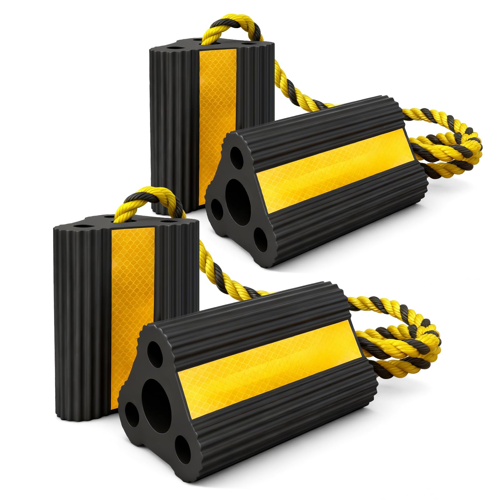 Cuñas de rueda para caravana, caravana, remolque, camión, coche, inmovilizadores y calzos de goma versátiles y resistentes, bloque de calzas de rueda con cuerda y tiras reflectantes [2 pares