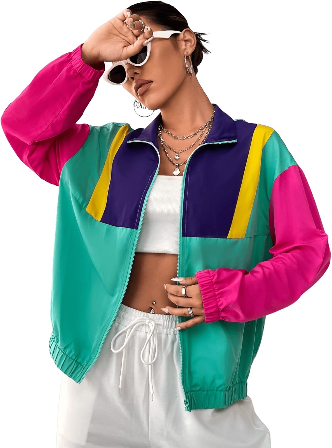 SweatyRocks Women's Lightweight Windbreaker Patchwork Zipper Sport Jacket Coat Outerwear X-Small Pink Teal Green