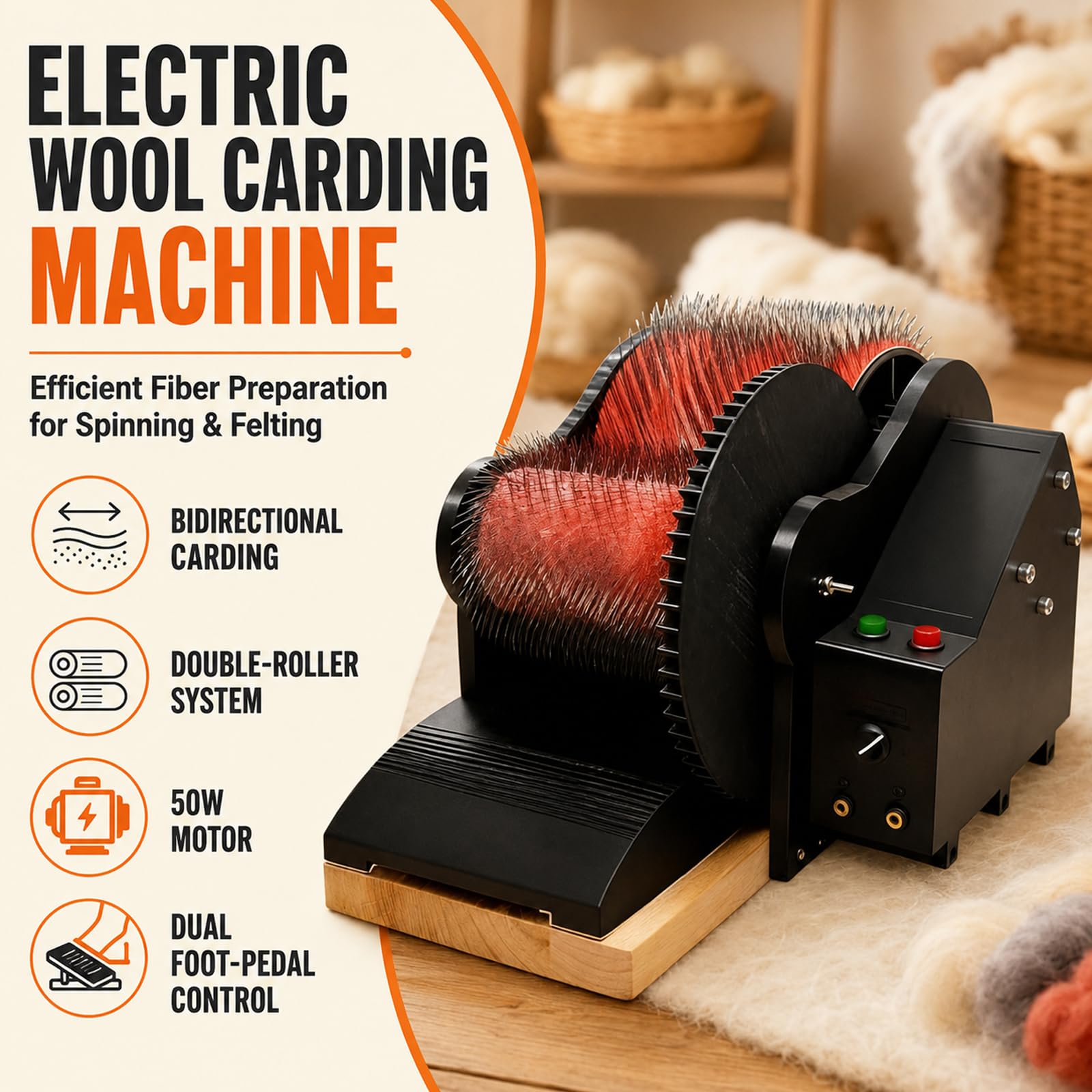 Elektryczna Gręplarka do Wełny 50W, Bęben z Dwoma Wałkami 56RPM