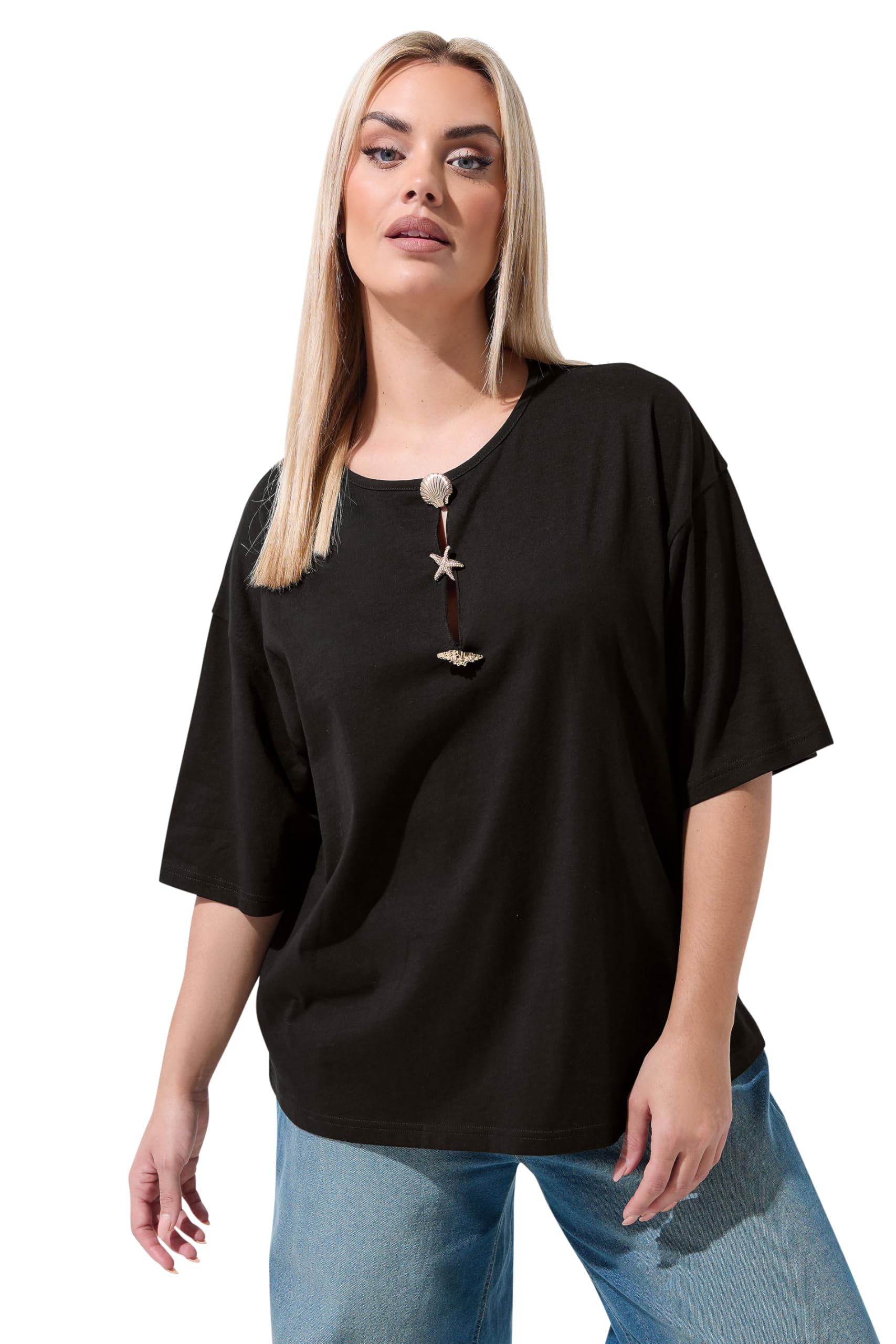 Yours Women's Shell Button Top in Black | Size: 26-28