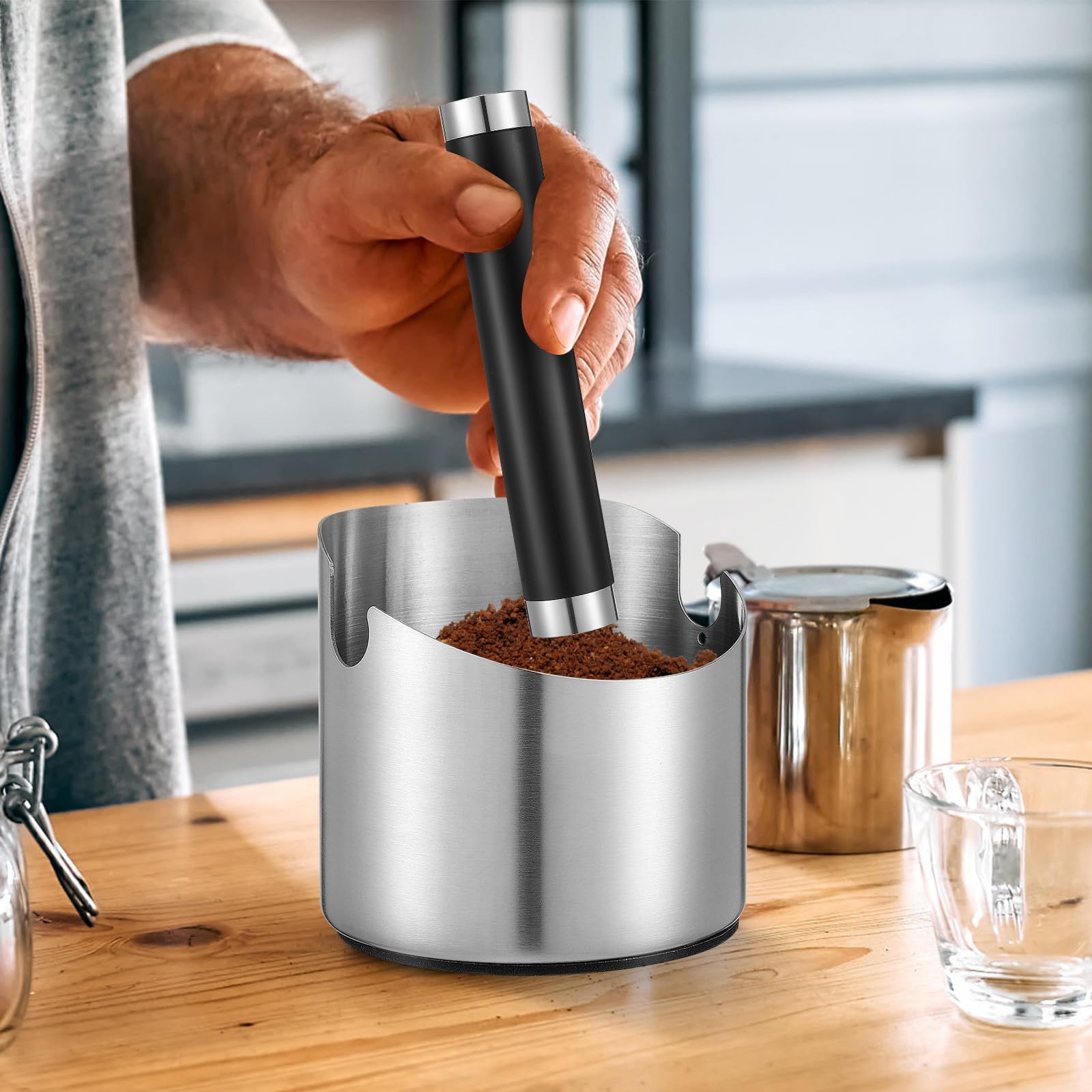 Hohopeti Acero Inoxidable Cubo de Restos de Café con Barra Extraíble | Base Antideslizante de Silicona, Estructura Estable y Uso Fácil, para Restaurantes y Bares