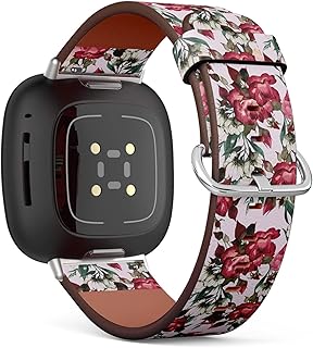 CJBROES Replacement Leather Watch Band, Compatible with Fitbit Versa 3 and Fitbit Sense of Wristband Bracelet Accessory - Floral-Roses-Watercolor
