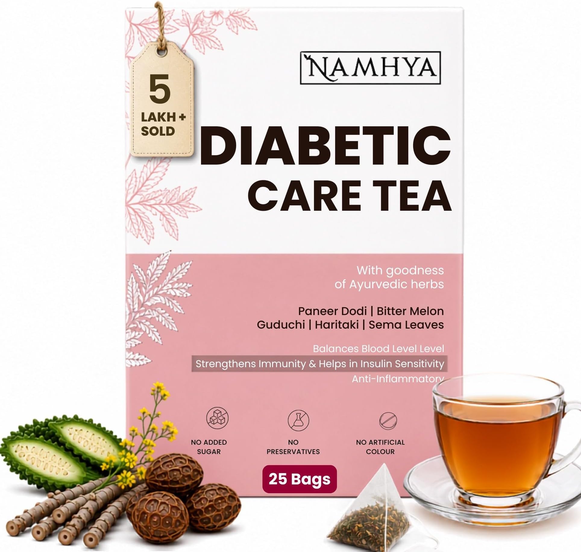 Namhya Diabetes Care Tea | Blood Sugar Balance Support | 25 Tea Bags | Namhya Diabetes Care Tea - Paneer Dodi, Bitter Melon, Guduchi - 25 Tea Bags (25 Cups)