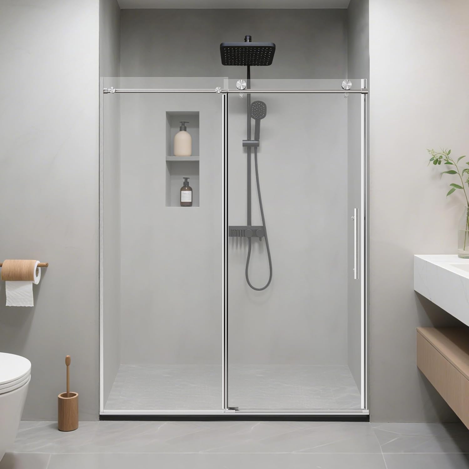 56-60" W * 76" H Single Sliding Shower Door, Stainless Steel Round Tube Frameless 1/4"-Thick (6mm) SGCC Clear Tempered Glass Door, Reversible Installation, Brushed Nickel