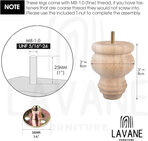 Miniatura 10 de La Vane Patas de madera sin terminar de 8 pulgadas para muebles, 4 piezas de repuesto de husillo torneado de madera maciza con perno M8 pulgadas