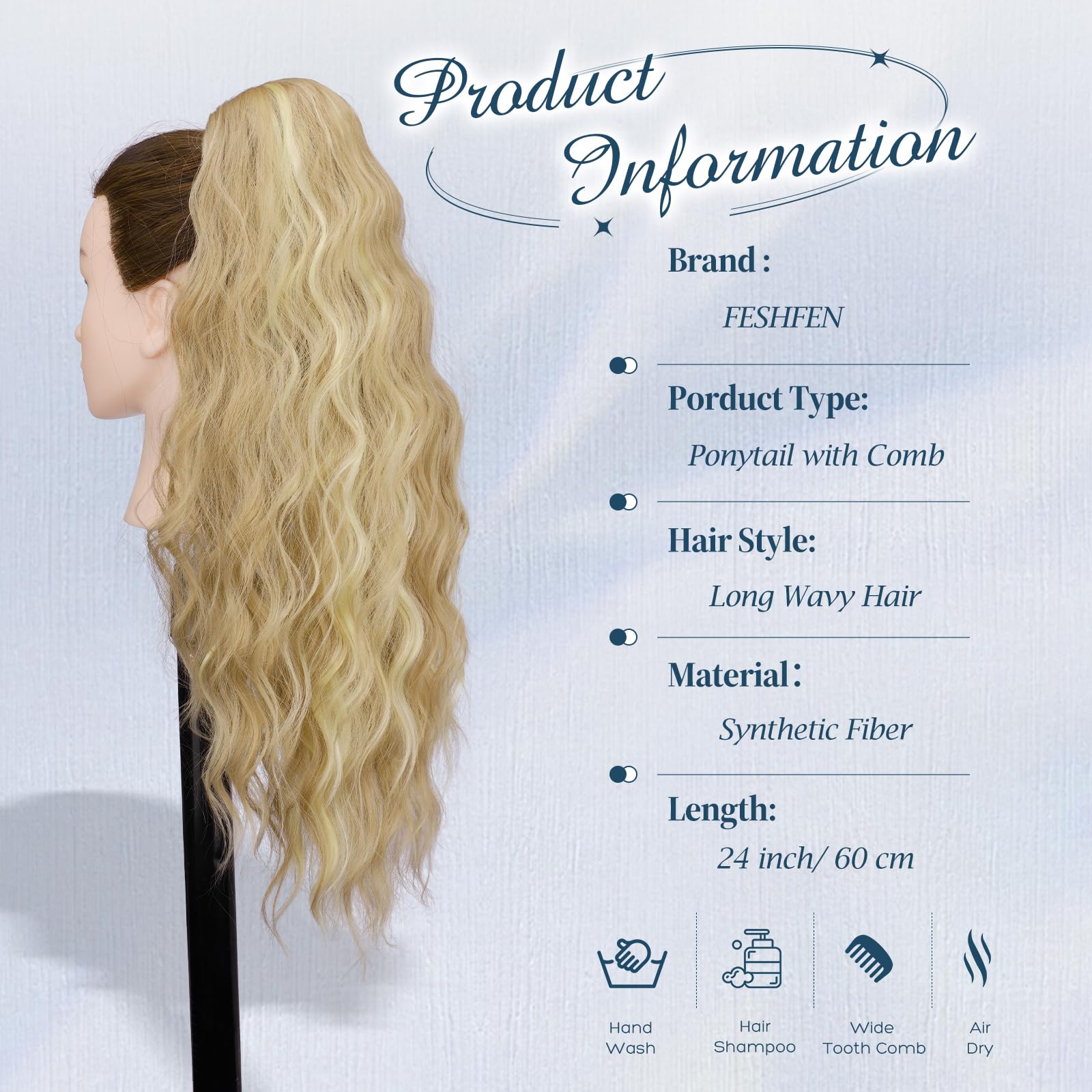 FESHFEN Coda Capelli Extension Ondulati Lunghe, Coda Finta Capelli con Pettine Sintetici Posticci Ponytail Coda di Cavallo Extensions per Donne, 60 cm Biondo Sporco