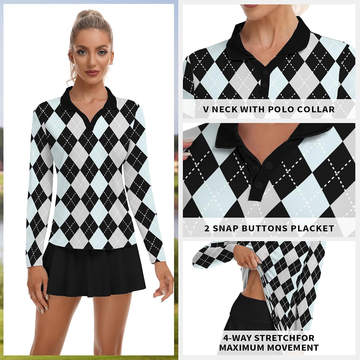 Soneven Womens Golf Shirts Moisture Wicking V Neck Long Sleeve Polo Shirts Collared Tops - Image 3