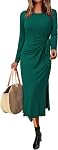 Newshows Womens 2026 Casual Short/Long Sleeve Crewneck T Shirt Maxi Dress Tie Waist Slit Long Dresses