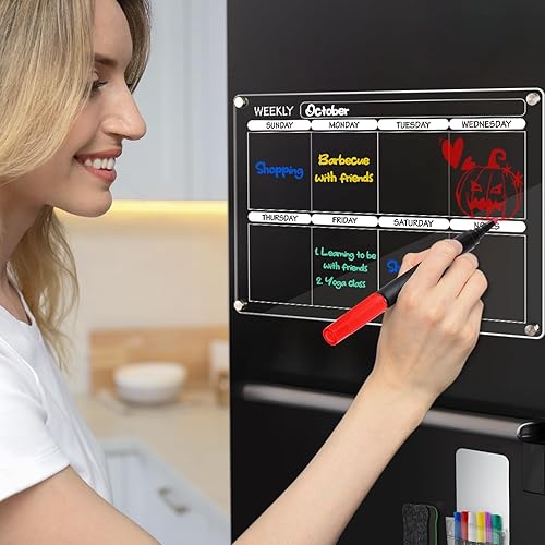 Miniatura 2 de Calendario acrílico magnético para refrigerador, 1 unidad de 16 x 12 pulgadas, semanal reutilizable, pizarra de borrado en seco, calendario