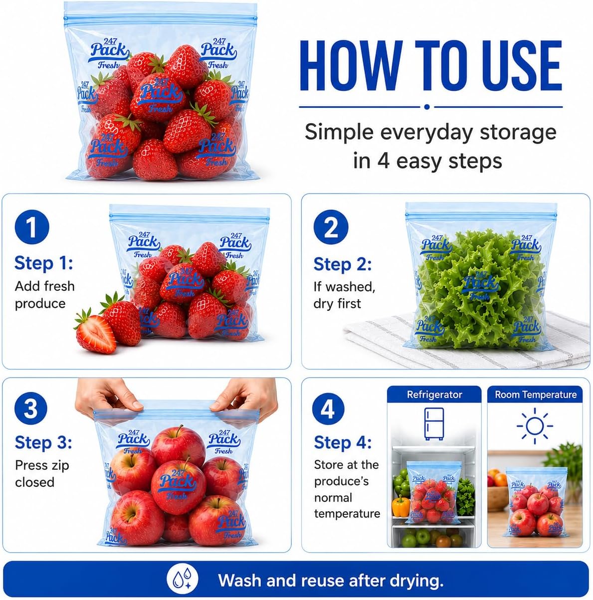 Freshpack 247 Reusable Produce Bags Size S 8 x 10 in, 0.5 Gallon Half Gallon 20 Pack Green Bags for Fruits and Vegetables, Food Storage Bags With Zipper, Helps Keep Produce Fresh, Pantry Meal Prep