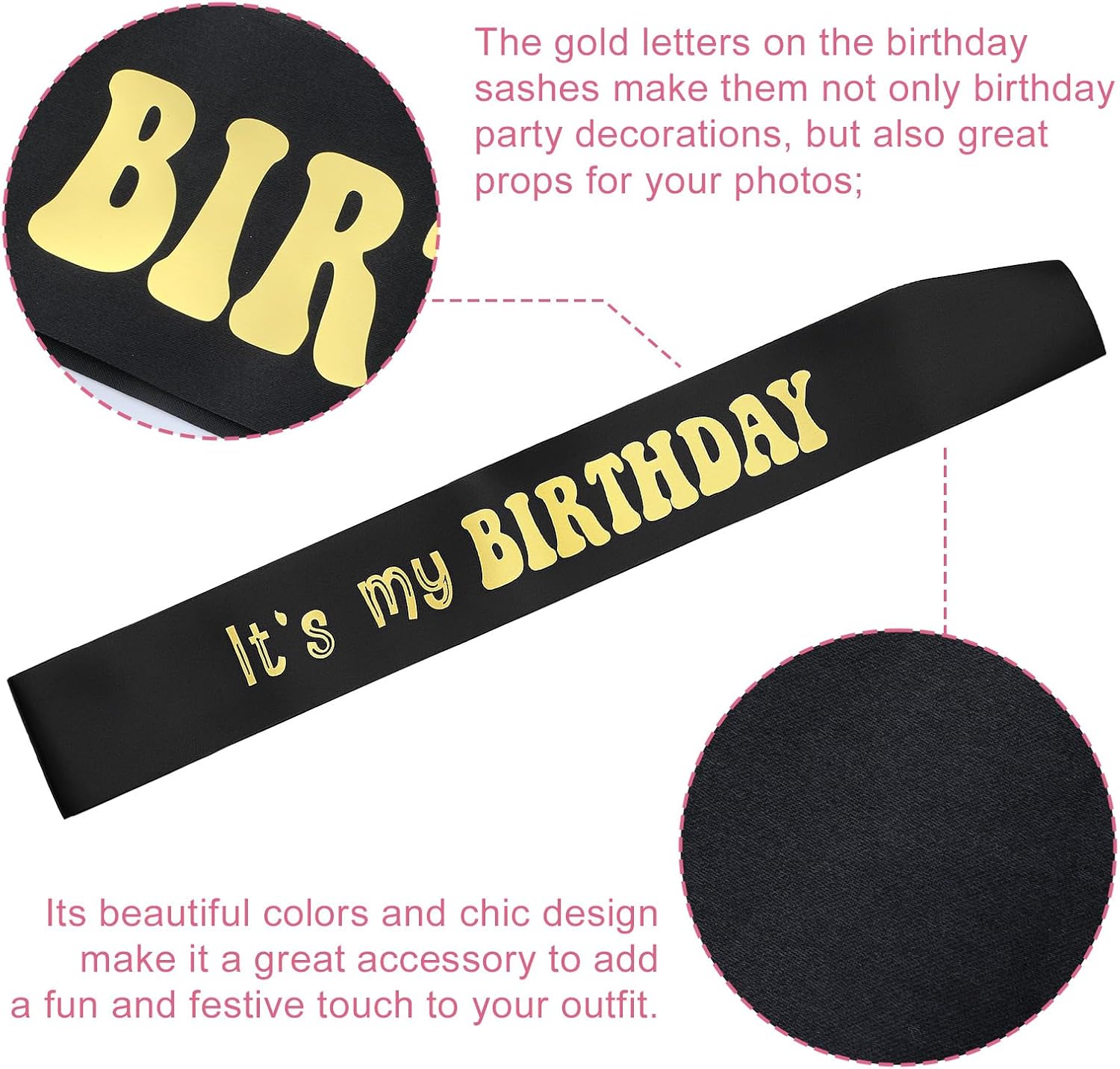 TIESOME 3Pack It's My Birthday Sash for Women Men Adults, Happy Birthday Sash with Gold Foil Black White Pink Soft Satin Birthday Sash Cheers to Decorations Supplies