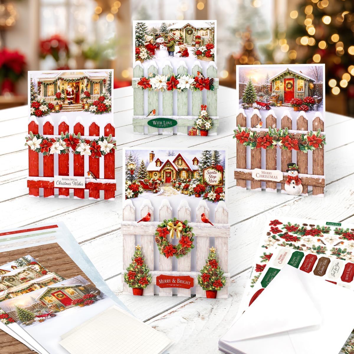 Katy Sue Poinsettia Garden Picket Fence Christmas Card Making Kit