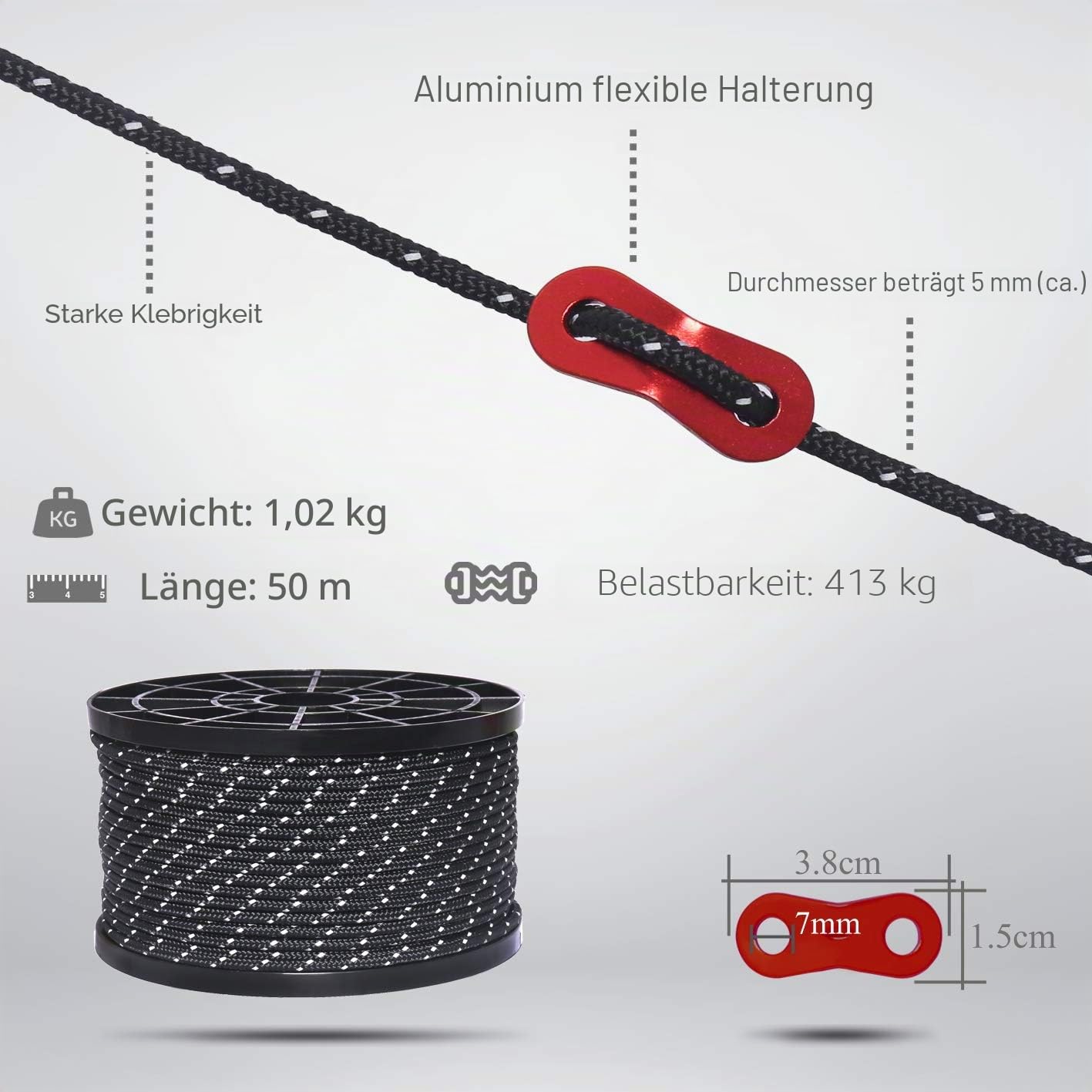 50M reflektierende Schnur Guy Seile Outdoor Zelt Führungsseil 100% Nylon Schnur Windlinie mit 10 Stück Aluminiumlegierung Spanner für Camping (red, Diameter 5 mm)