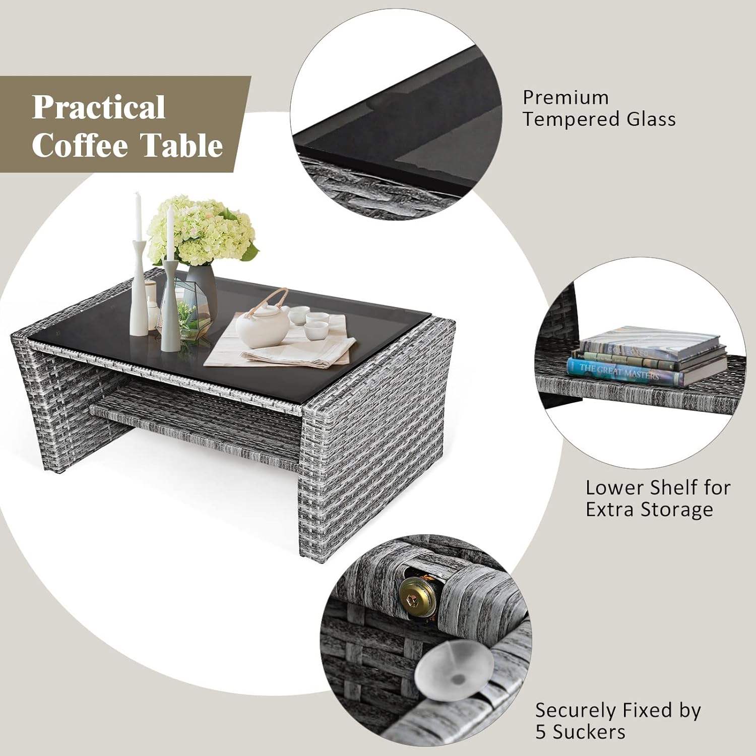 COSTWAY 4 Pieces Patio Rattan Furniture Set, Outdoor Wicker Sofa Set with Tempered Glass Coffee Table, Cushions, All Weather Rattan Conversation Set for Yard Balcony Backyard Pool (Black)
