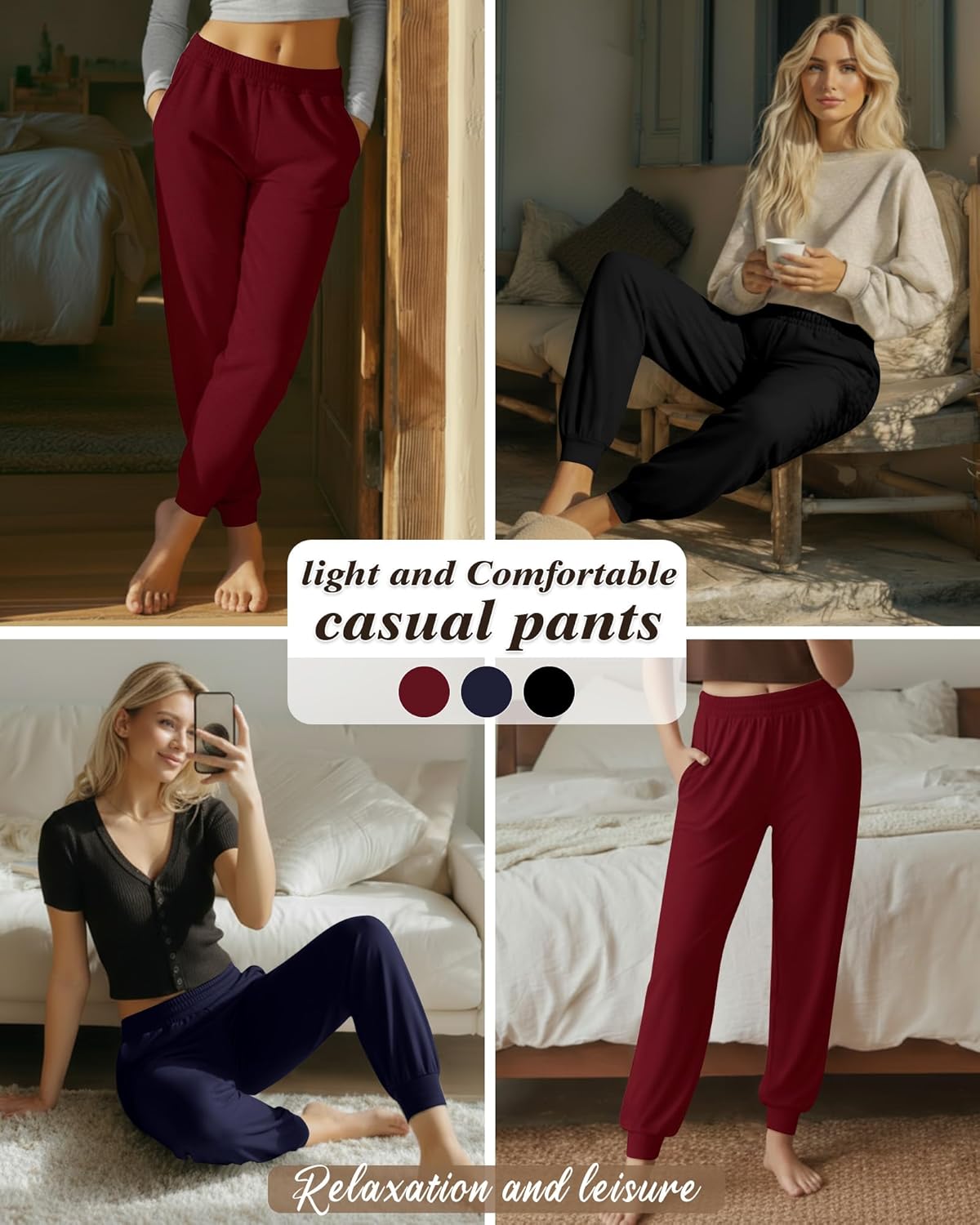 3 Pack Women's Lounge Joggers Loose Yoga Pants with Pockets High Waisted Sweatpants Comfy Casual Pajama Pants - Image 3