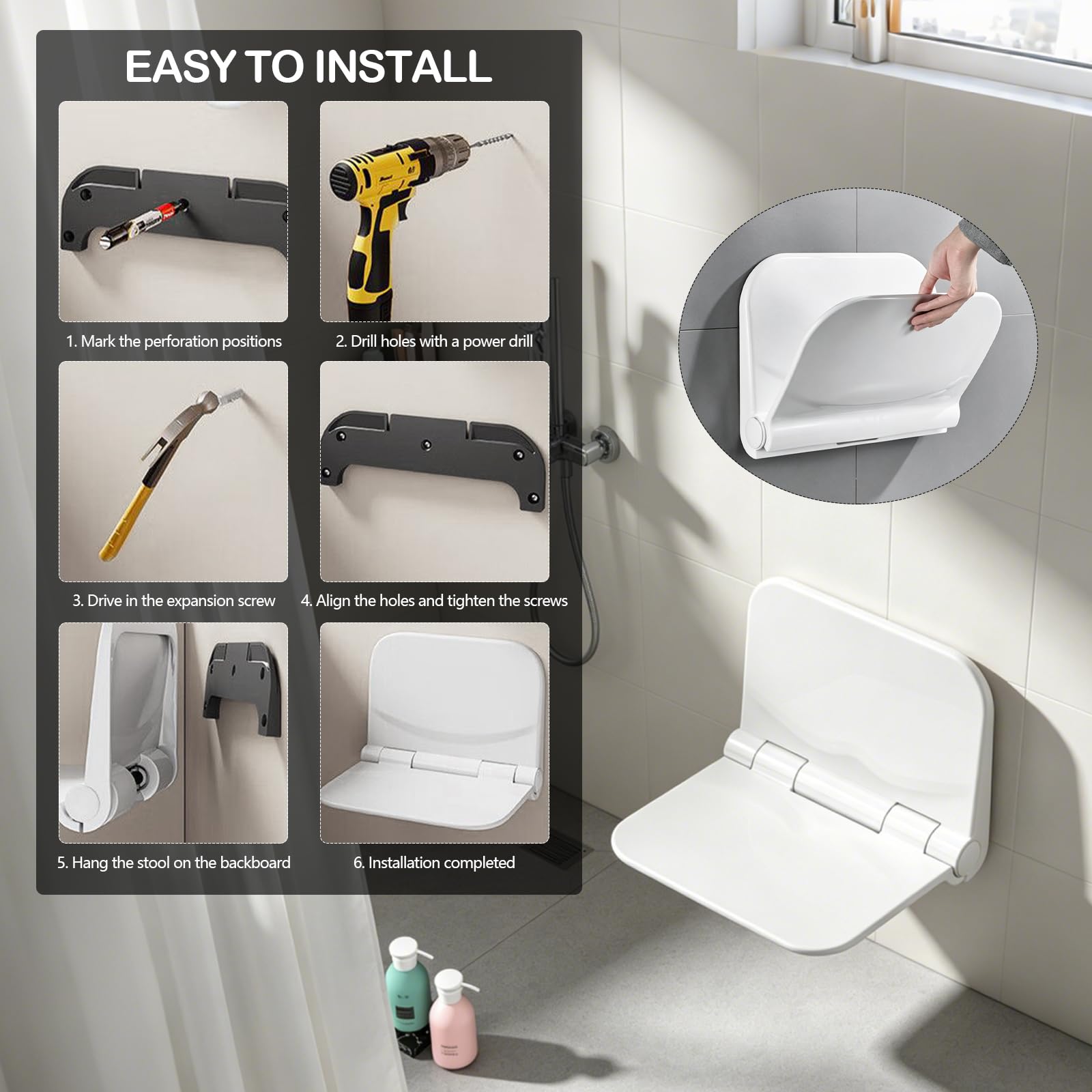 Duschsitz Klappbar Wandmontage, Weiß Extrabreiter Klappsitz Wand für Dusche Ergonomischer Duschstuhl bis 150kg Rutschfester Duschhocker für Senioren für Badezimmer Schlafzimmer