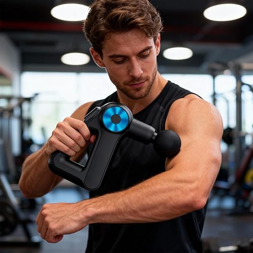 Miniatura 2 de Pistola de masaje de tejido profundo, masajeador de percusión de mano con 9 velocidades, batería de 1500 mAh, 8 cabezas, mango triangular