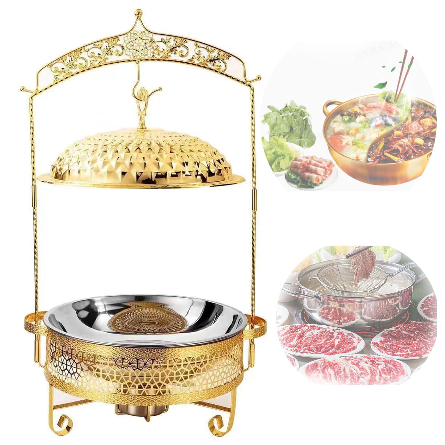 JOSBY Juego de bandejas de Buffet de Acero Inoxidable de 6 l/8 l, Tapa Redonda para Colgar, Equipo de Buffet, Calentador de Alimentos con Tapa Colgante, Juego de Buffet con Estufa de Combustible