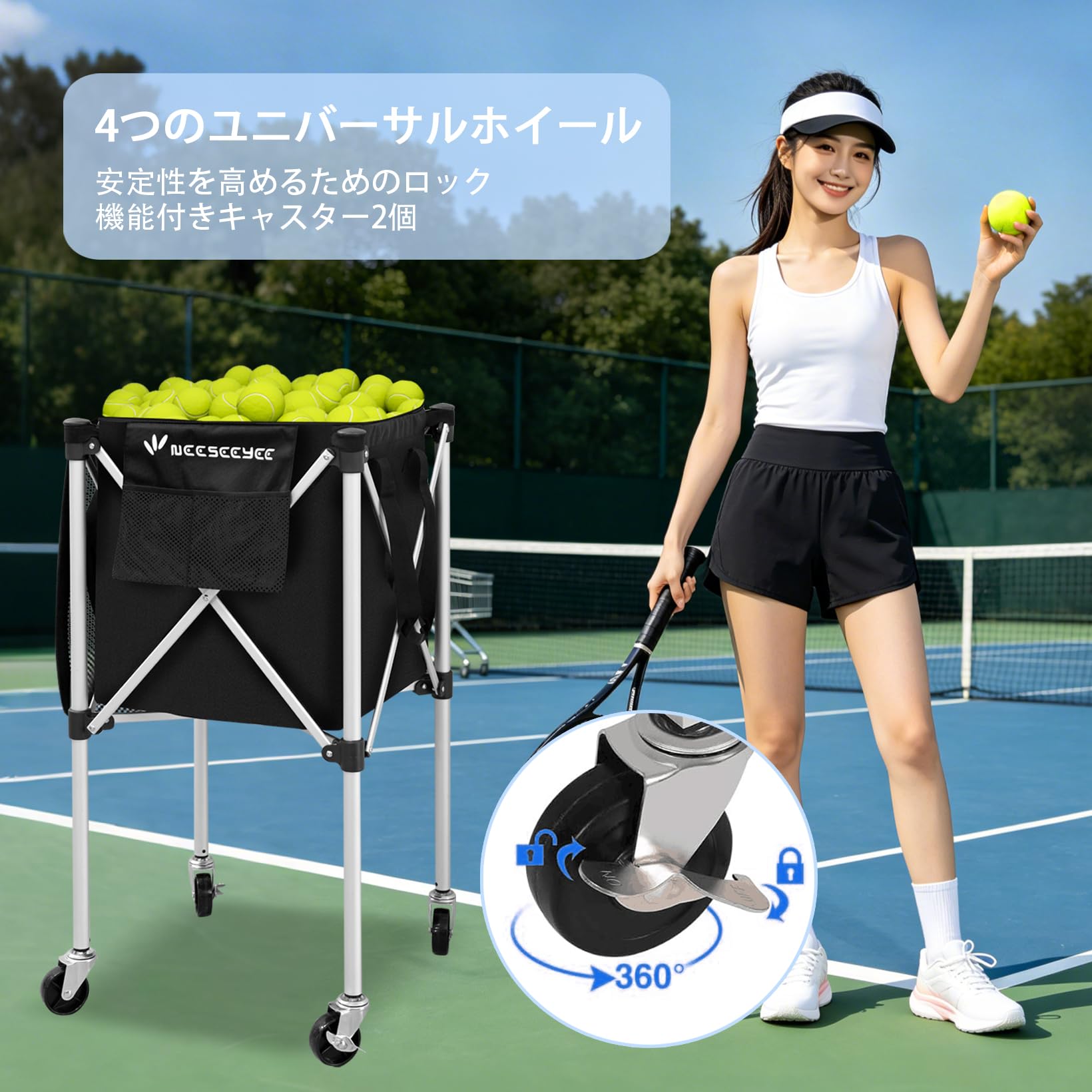 ポータブルピックルボールカート　テニスボールカート Amazon | NEESEEYEE テニス ボールカート 大容量 240球収納 ピックル