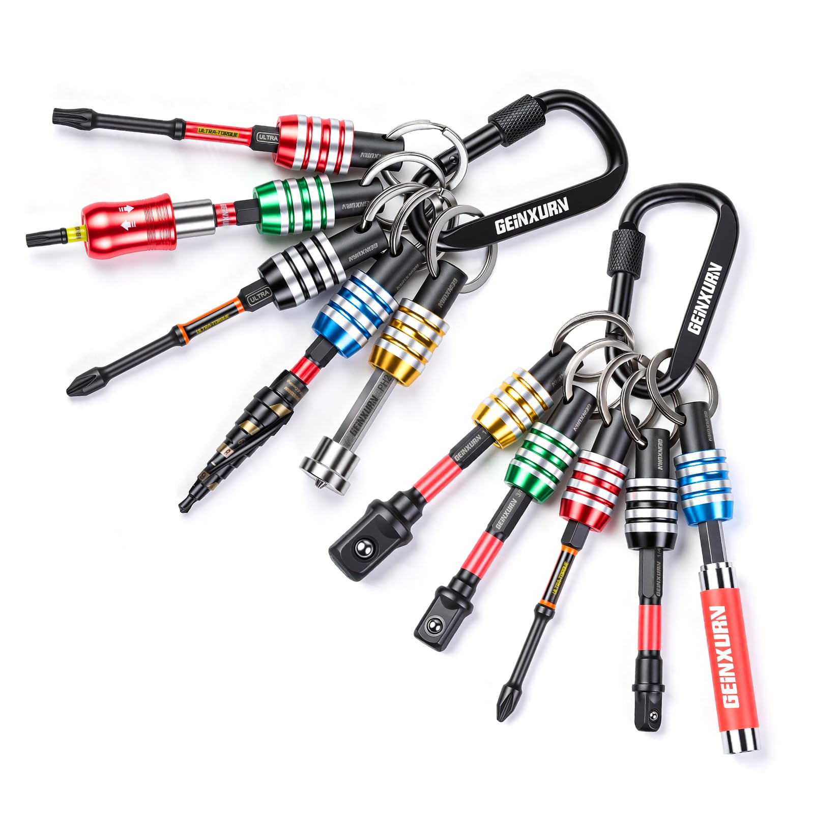 Geinxurn 2 Pack of 1/4 Inch Hex Shank Bit Holder Set, Drill Holder Keychain with Impact Driver Bits, Socket Adapter and Step Drill, Quick Change Bit Organizer with Carabiner for Outdoor DIY Work