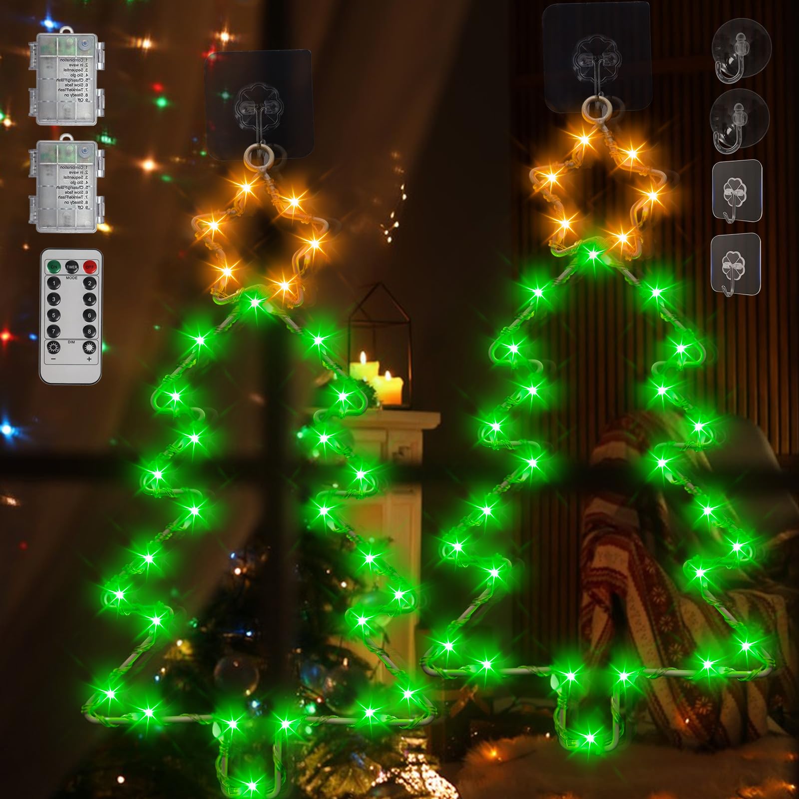 Luces de Navidad 64 LED IP44 8 Modos Cable de 3m Temporizador Mando a Distancia Cortina Luces con Estrella a Pila Decoración para Interior Exterior Navidad Fiesta árbol de Navidad Verde