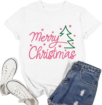 Merry Christmas Shirts for Women Christmas Trees Letter Printed Tshirt Xmas Holiday Tee Tops