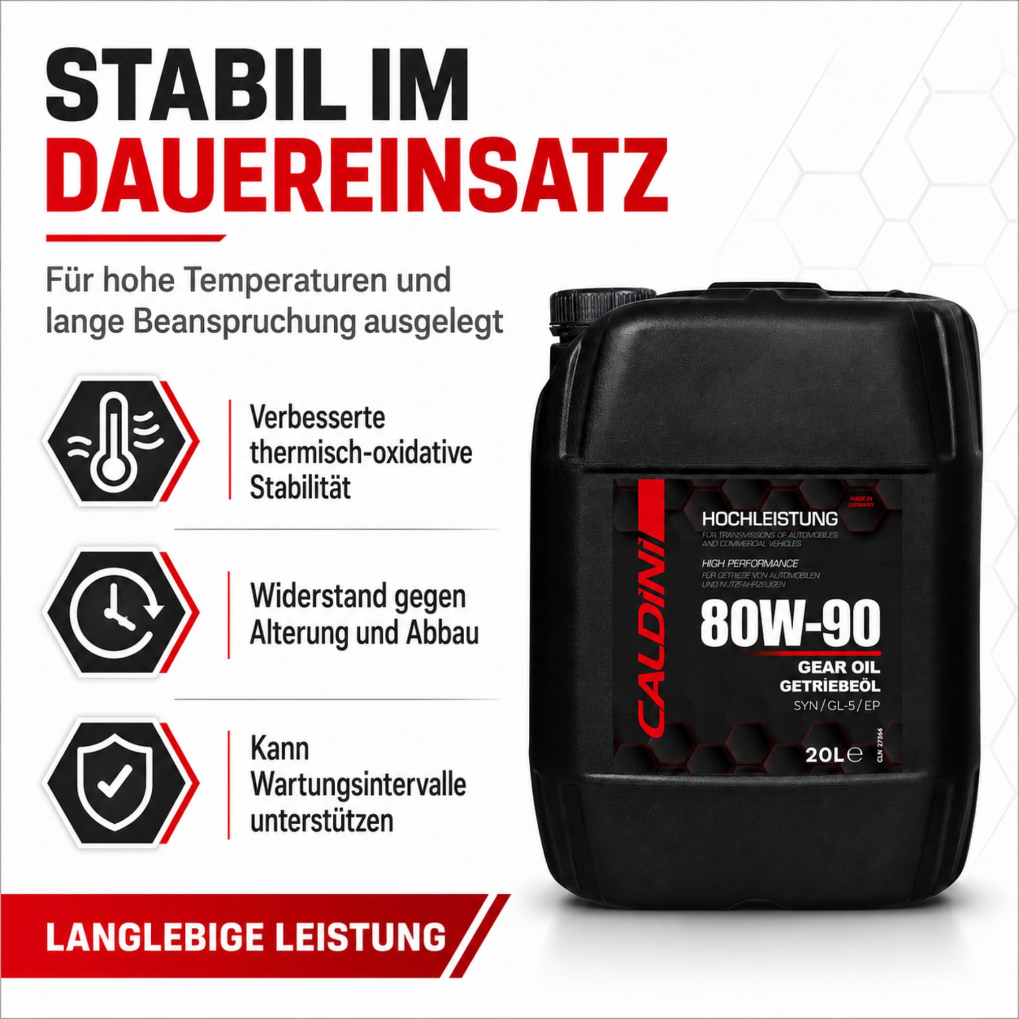 Caldini SAE 80W-90 Hypoid Getriebeöl GL-5, 20 Liter, mineralisches Mehrbereichsöl für Schaltgetriebe, Achsen, Differentiale und Hypoidantriebe, MIL-L 2105 D, Made in Germany
