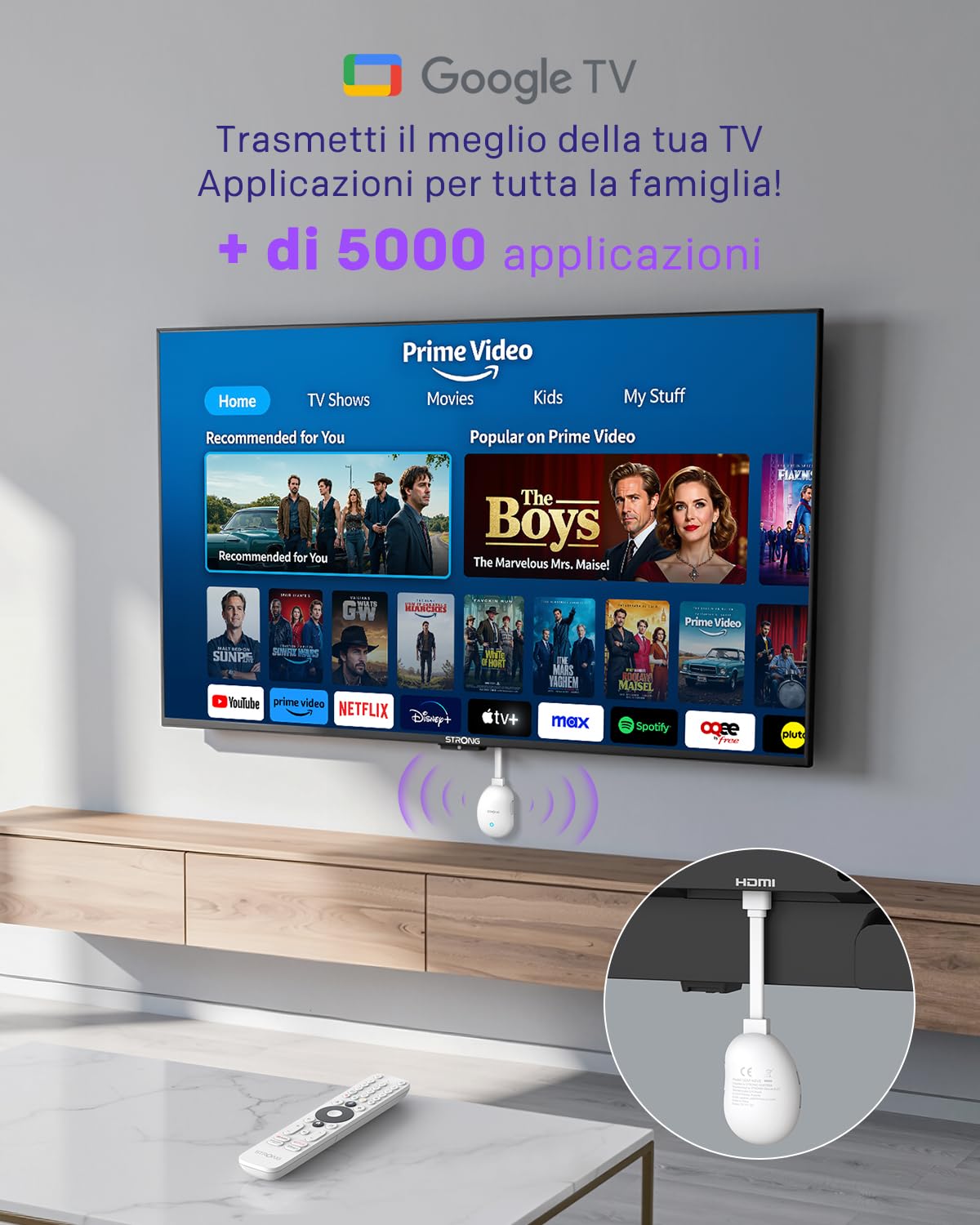 STRONG - 4K UHD Android TV Streaming Box - Leap-Neve - Google TV HDMI Stick - Wi-Fi 6 - Chromecast integrato - Compatibile con il controllo vocale Google - Dolby Vision-Atmos - Bianco