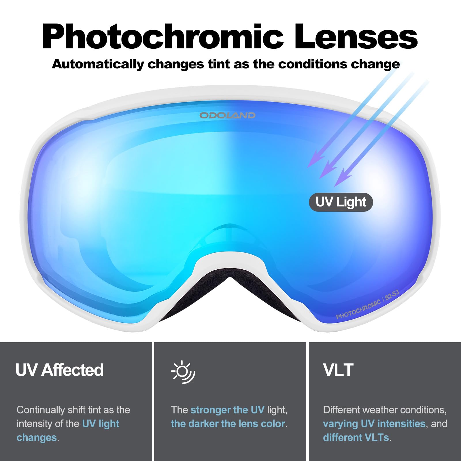 Odoland Lunettes de Ski Lentille Photochromique, Masque de Ski et Snowboard Anti-UV400, Anti-Buée,avec Grande Lentille Sphérique pour Homme Femme, Skating, Surf des neiges