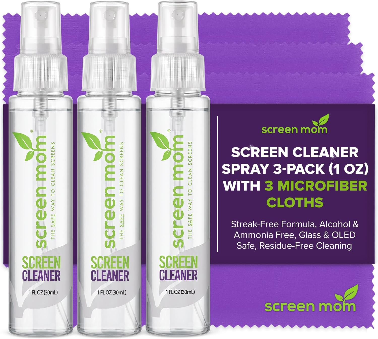 Screen Cleaner Spray 3 Pack-3x1oz for TV, Car, Laptop & Computer | Streak-Free Cleaning, Glass & OLED Safe, Alcohol & Ammonia Free, Includes 3-Microfiber Cloths, Removes Fingerprints & Smudges