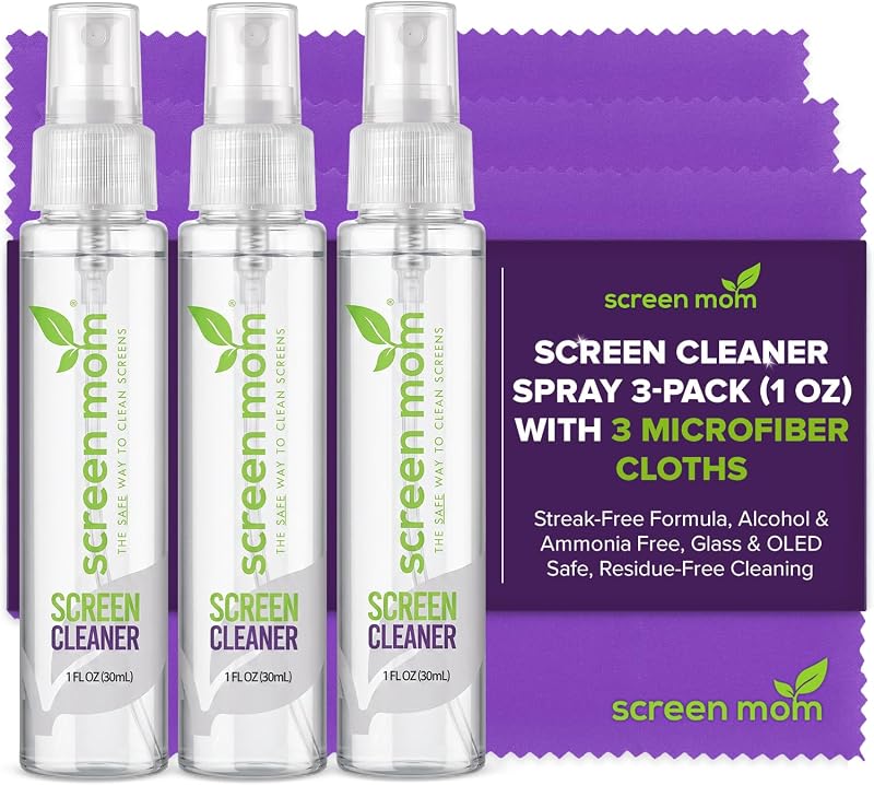 Spray limpiador de pantalla, paquete de 3, 3 x 1 oz para TV, automóvil, computadora portátil y computadora | Limpieza sin rayas, apto para vidrio y OLED, sin alcohol ni amoníaco, incluye 3 paños de microfibra, elimina huellas dactilares y manchas