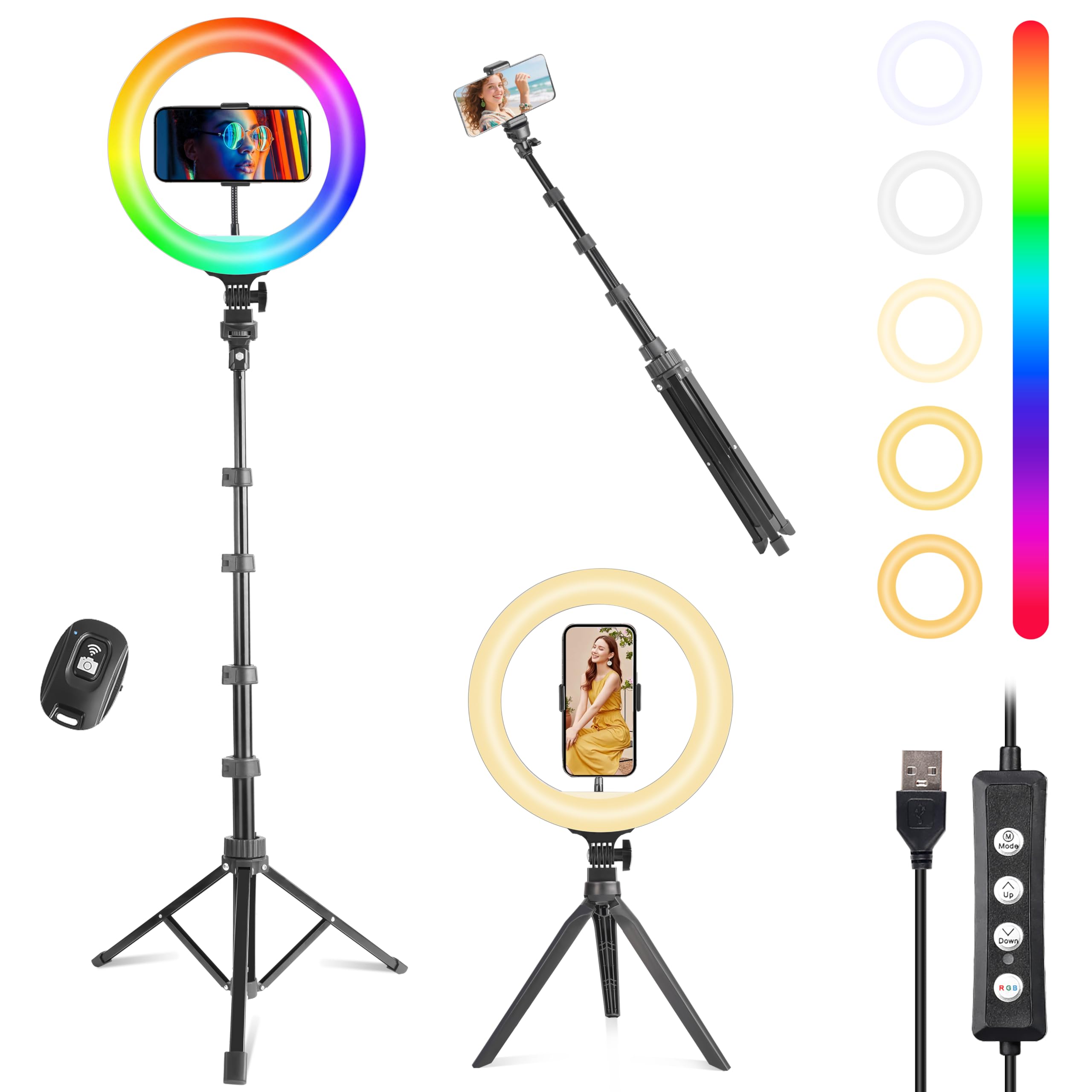 UEGOGO Luce ad anello da 25,4 cm con treppiede da 182 cm e supporto per telefono, 38 modalità di colore, dimmerabile, luce ad anello a LED per live streaming, YouTube, trucco, TikTok